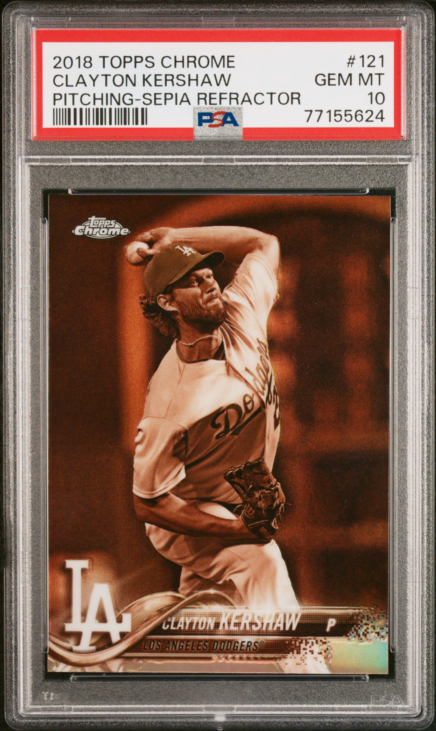 Clayton Kershaw 2018 Topps Chrome Sepia Refractor Baseball Card #121 PSA 10