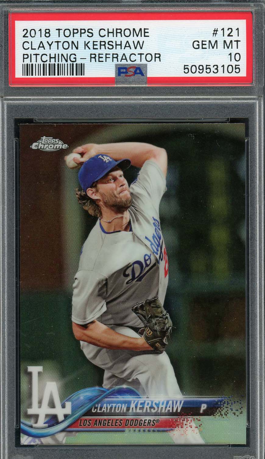 Clayton Kershaw 2018 Topps Chrome Refractor Card #121 Graded PSA 10