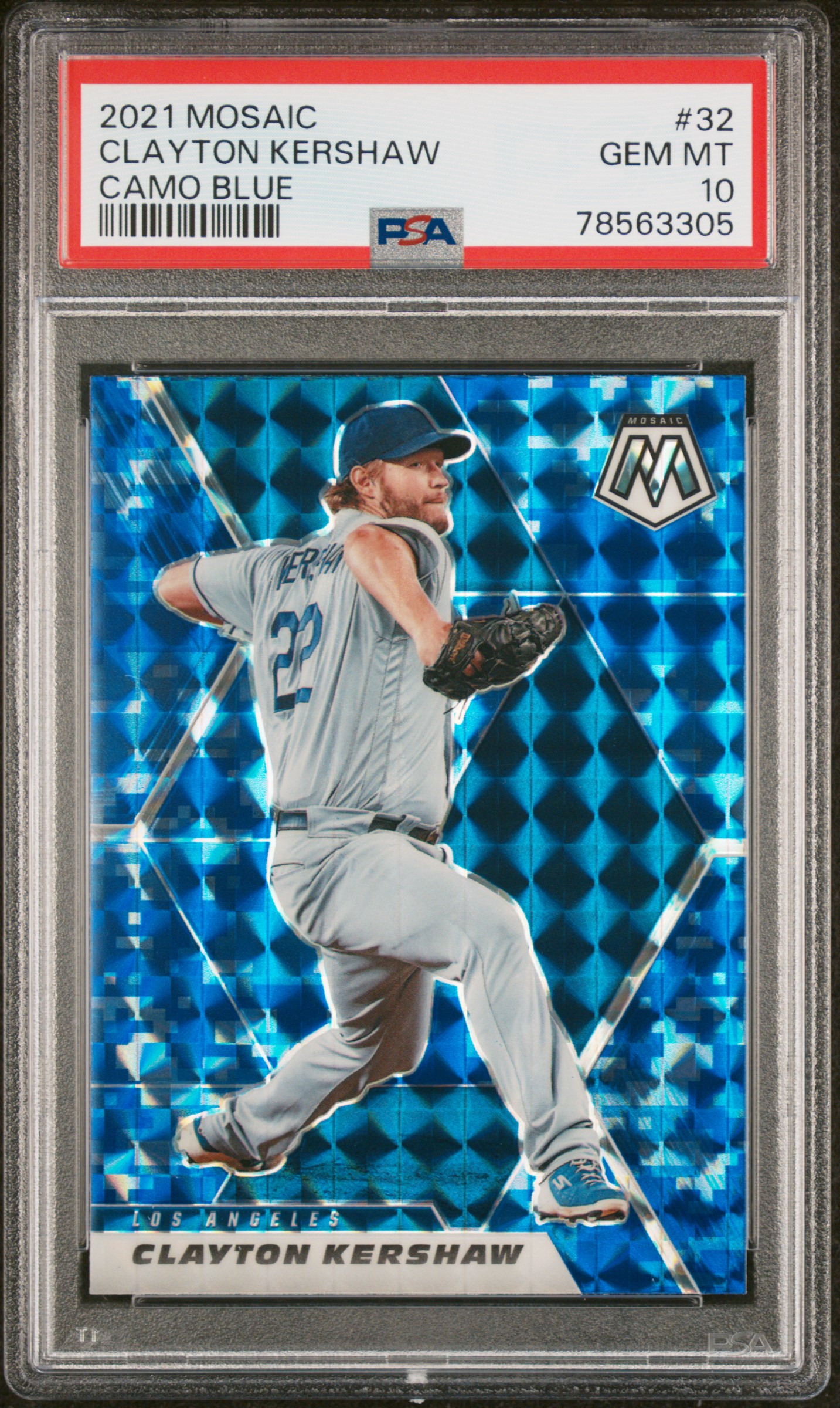 Clayton Kershaw 2021 Panini Mosaic Camo Blue Prizm Baseball Card #32 PSA 10