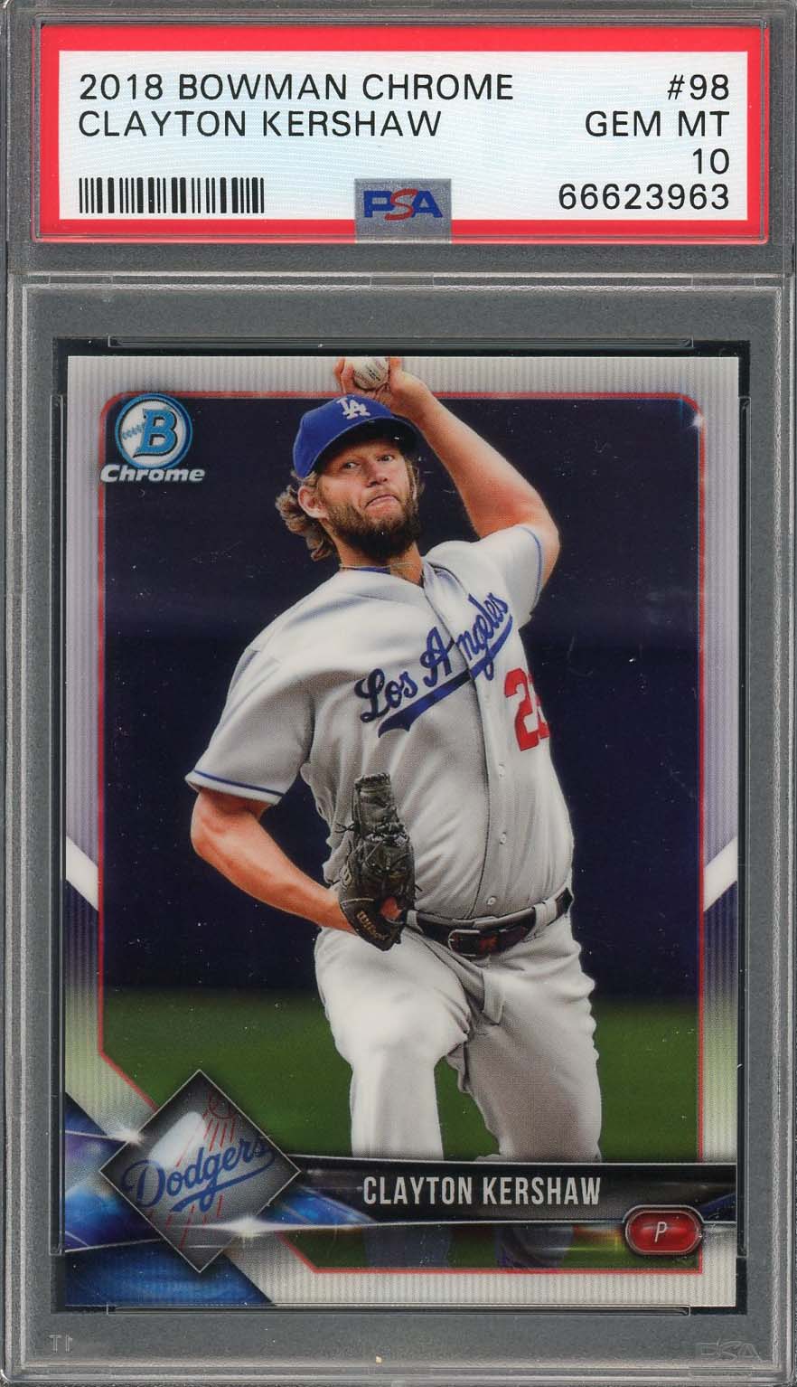 Clayton Kershaw 2018 Bowman Chrome Baseball Card #98 Graded PSA 10