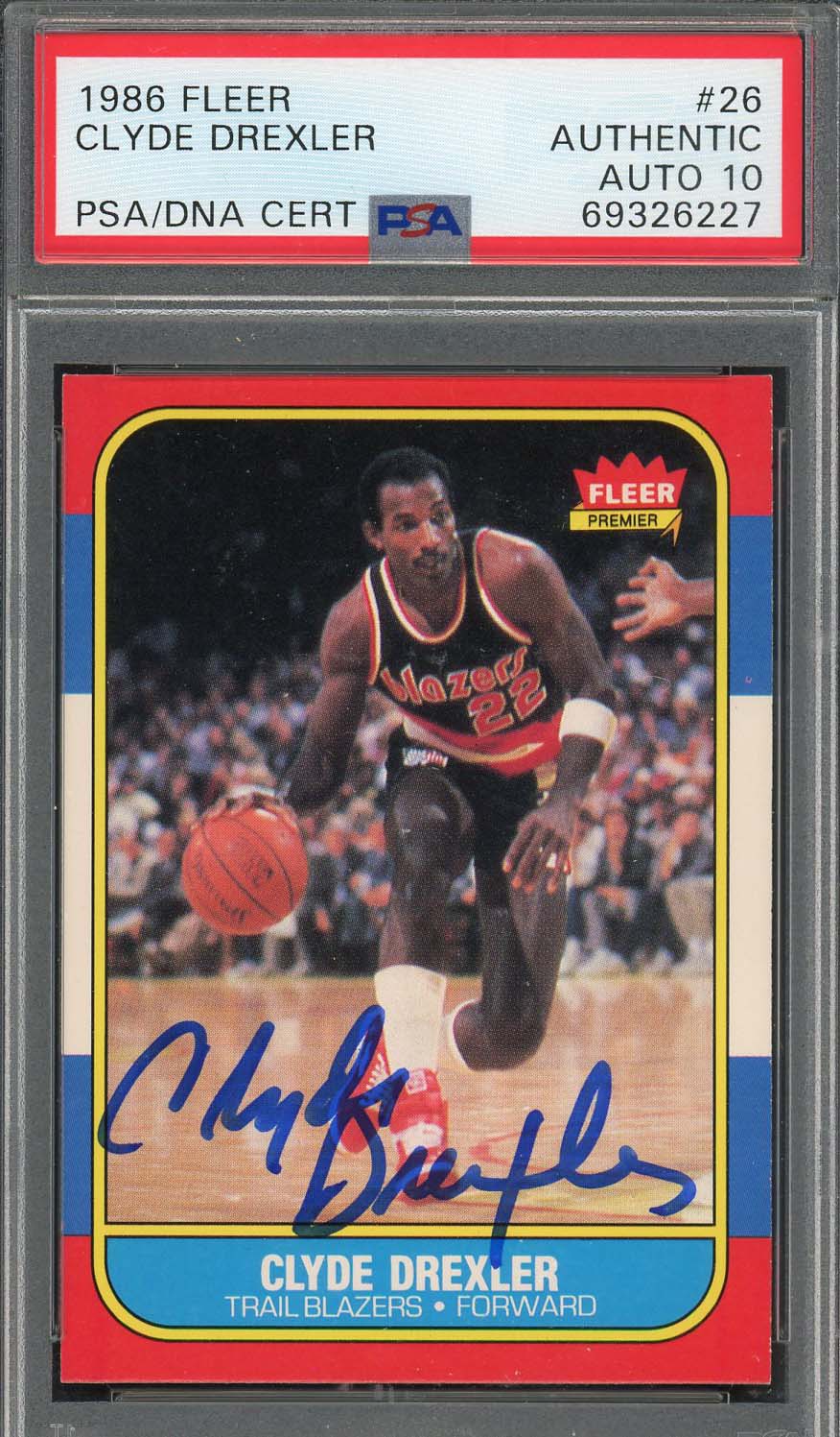 Clyde Drexler 1986 Fleer Basketball Signed Rookie Card #26 Auto Graded PSA 10
