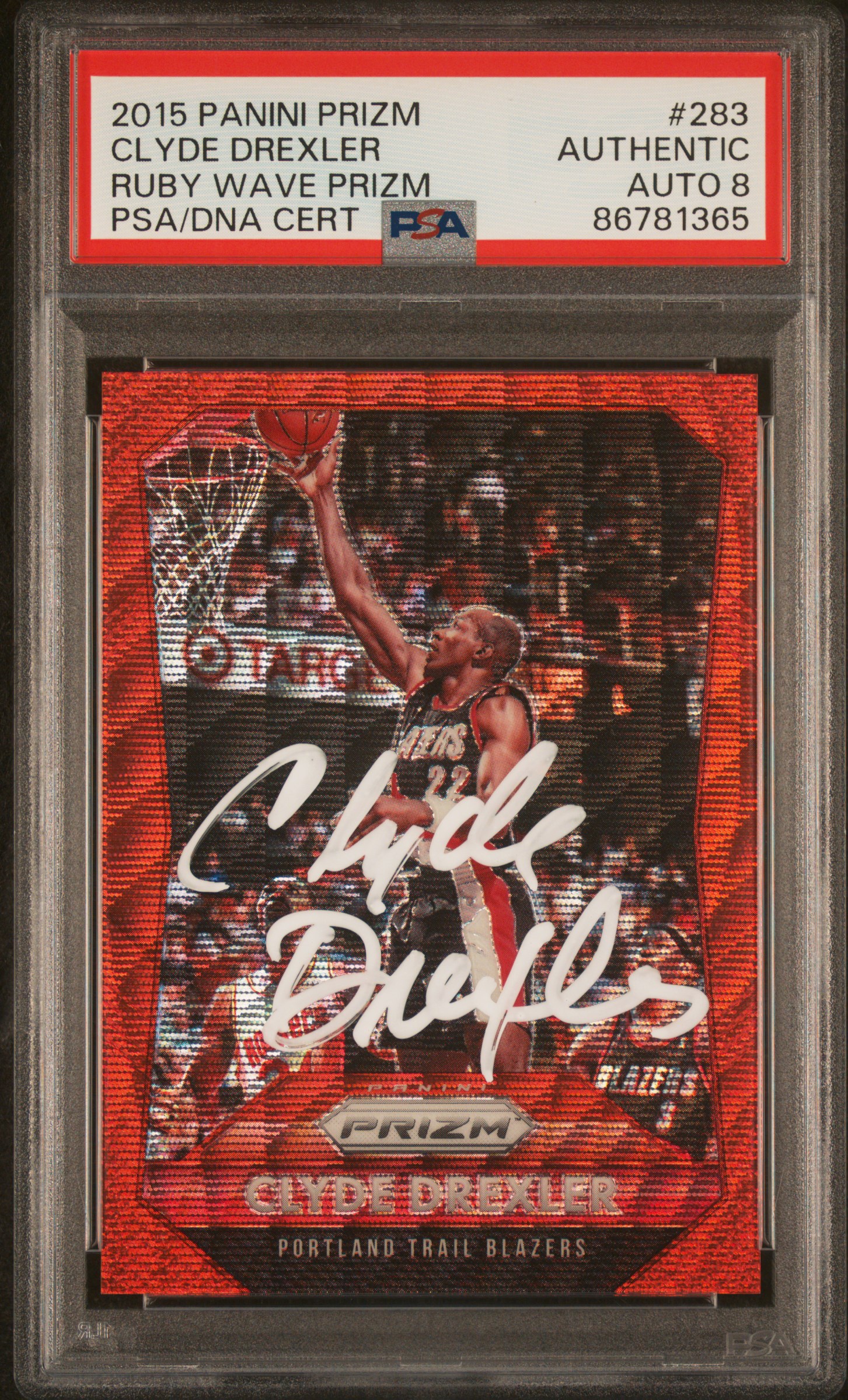 Clyde Drexler 2015 Panini Prizm Ruby Wave Red Card #283 Auto PSA 8 143/350