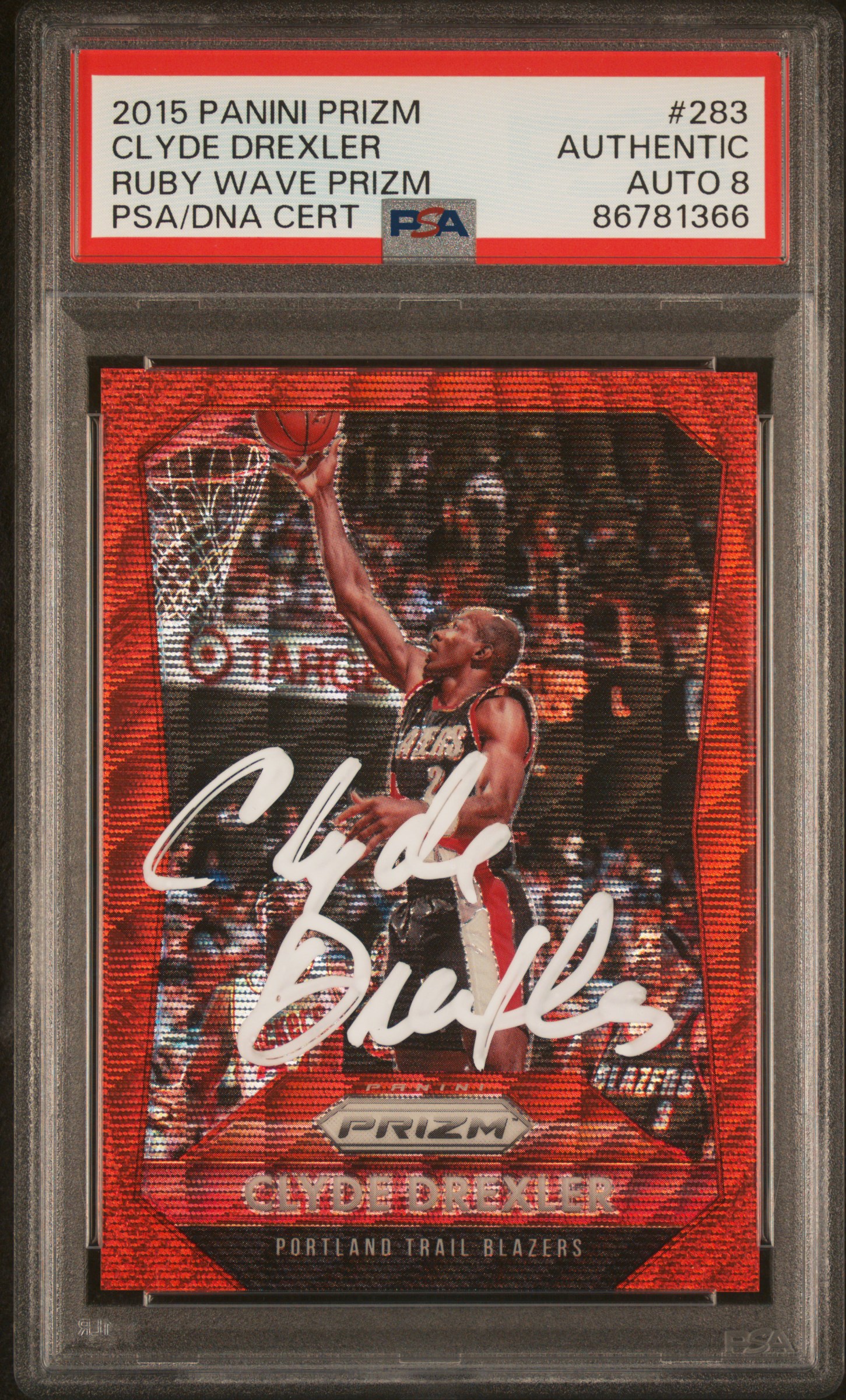 Clyde Drexler 2015 Panini Prizm Ruby Wave Red Card #283 Auto PSA 8 213/350