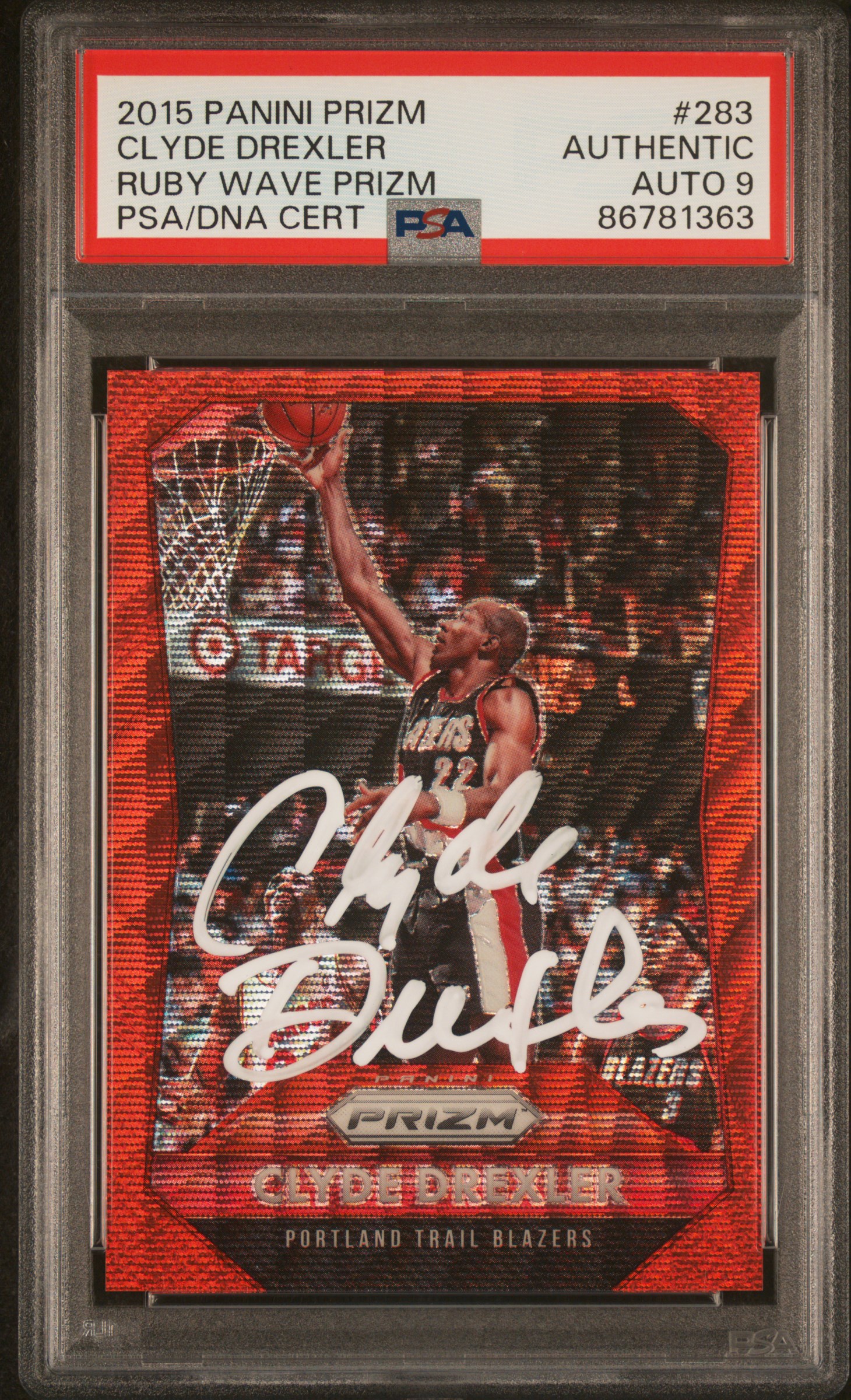 Clyde Drexler 2015 Panini Prizm Ruby Wave Red Card #283 Auto PSA 9 139/350