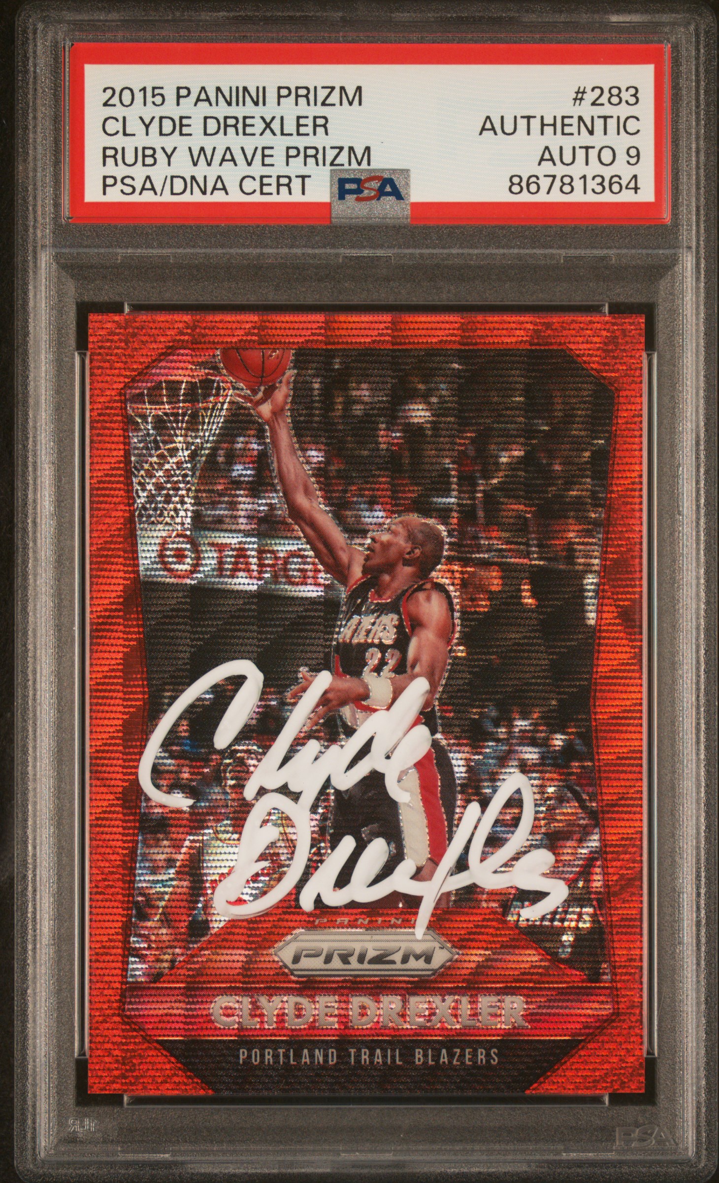 Clyde Drexler 2015 Panini Prizm Ruby Wave Red Card #283 Auto PSA 9 52/350