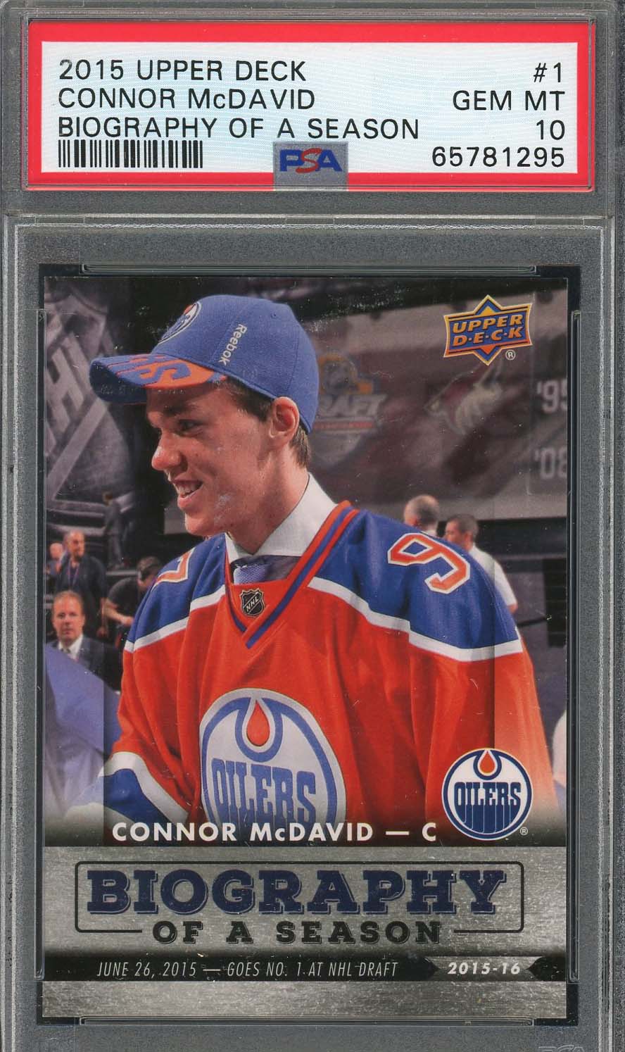 Connor McDavid 2015 Upper Deck Biography Hockey Rookie Card #1 Graded PSA 10