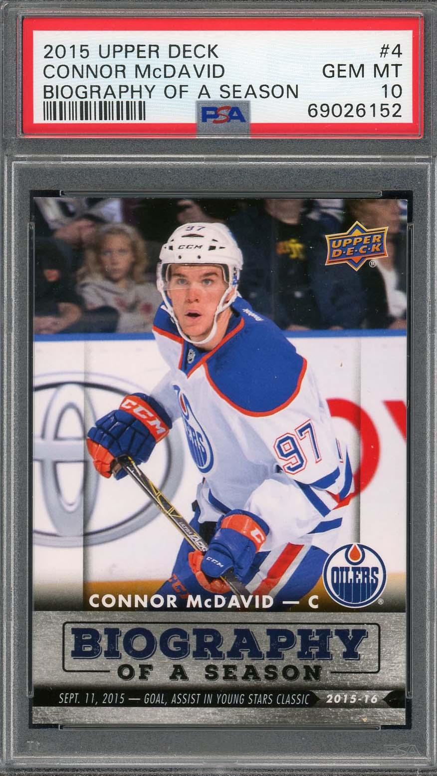 Connor McDavid 2015 Upper Deck Biography Hockey Rookie Card #4 Graded PSA 10
