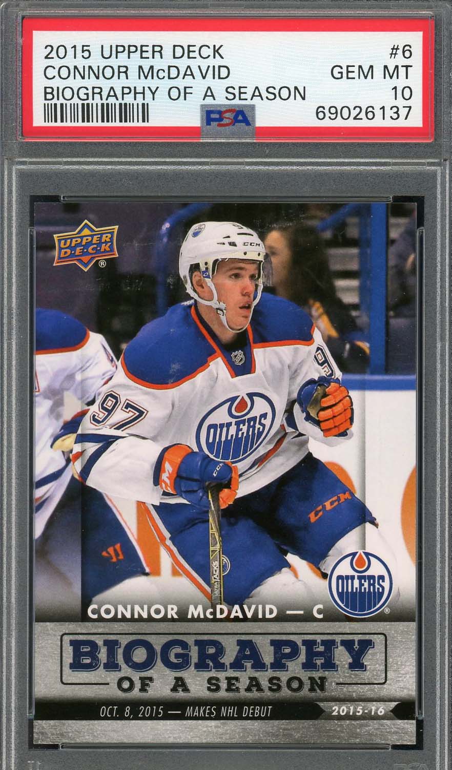 Connor McDavid 2015 Upper Deck Biography Hockey Rookie Card #6 Graded PSA 10