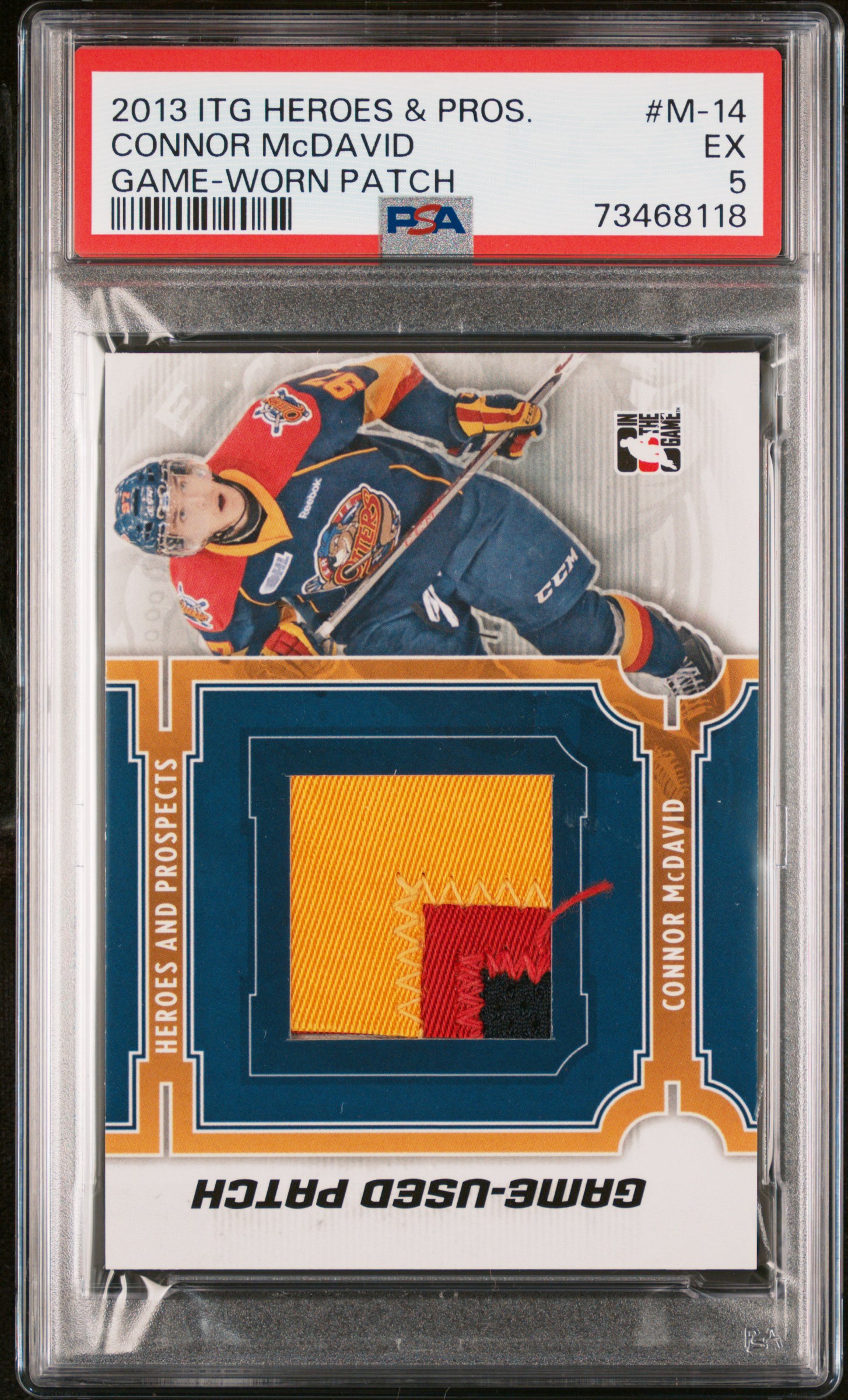 Connor McDavid 2013 ITG Heroes & Pros Game Worn Patch Card #M-14 Graded PSA 5