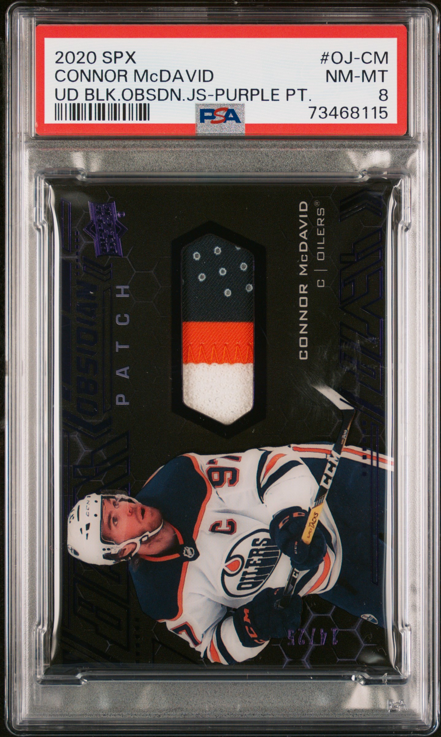 Connor McDavid 2020 Upper Deck SPX Obsidian Game Used Patch Card PSA 8 14/25