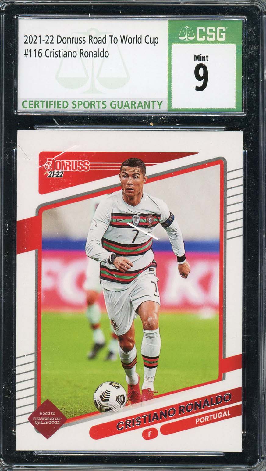Cristiano Ronaldo 2021 Donruss Road To World Cup Soccer Card #116 Graded CSG 9 Cristiano Ronaldo 2021 Donruss Road To World Cup Soccer Card #116 Graded CSG 9