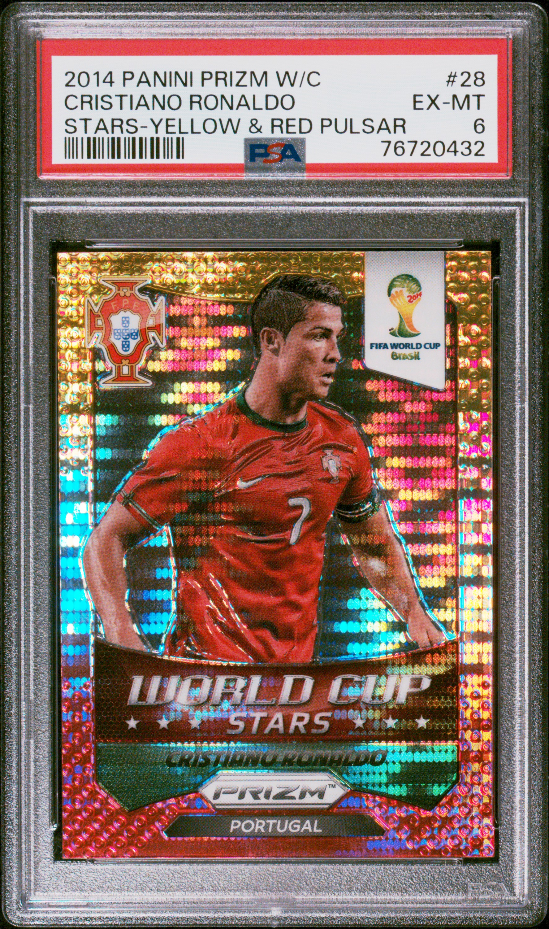 Cristiano Ronaldo 2014 Panini Prizm World Cup Yellow Red Pulsar Card #28 PSA 6