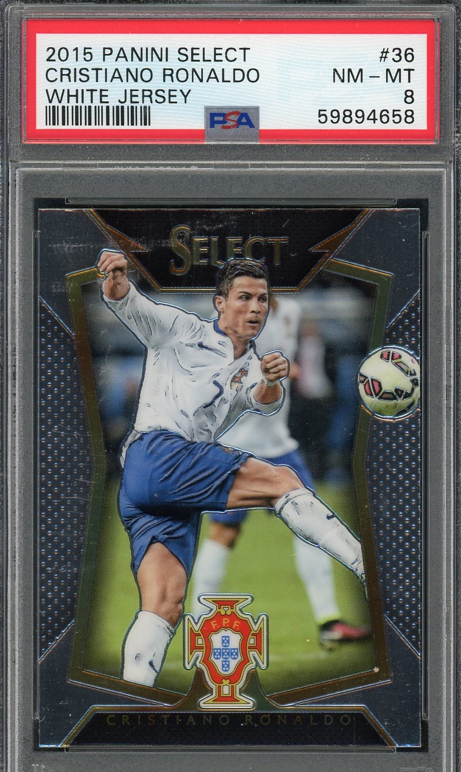 Cristiano Ronaldo 2015 Panini Select White Jersey Soccer Card #36 Graded PSA 8