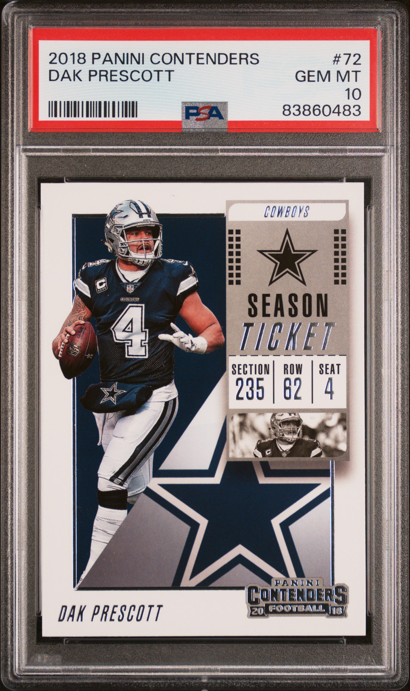 Dak Prescott 2018 Panini Contenders Football Card #72 Graded PSA 10