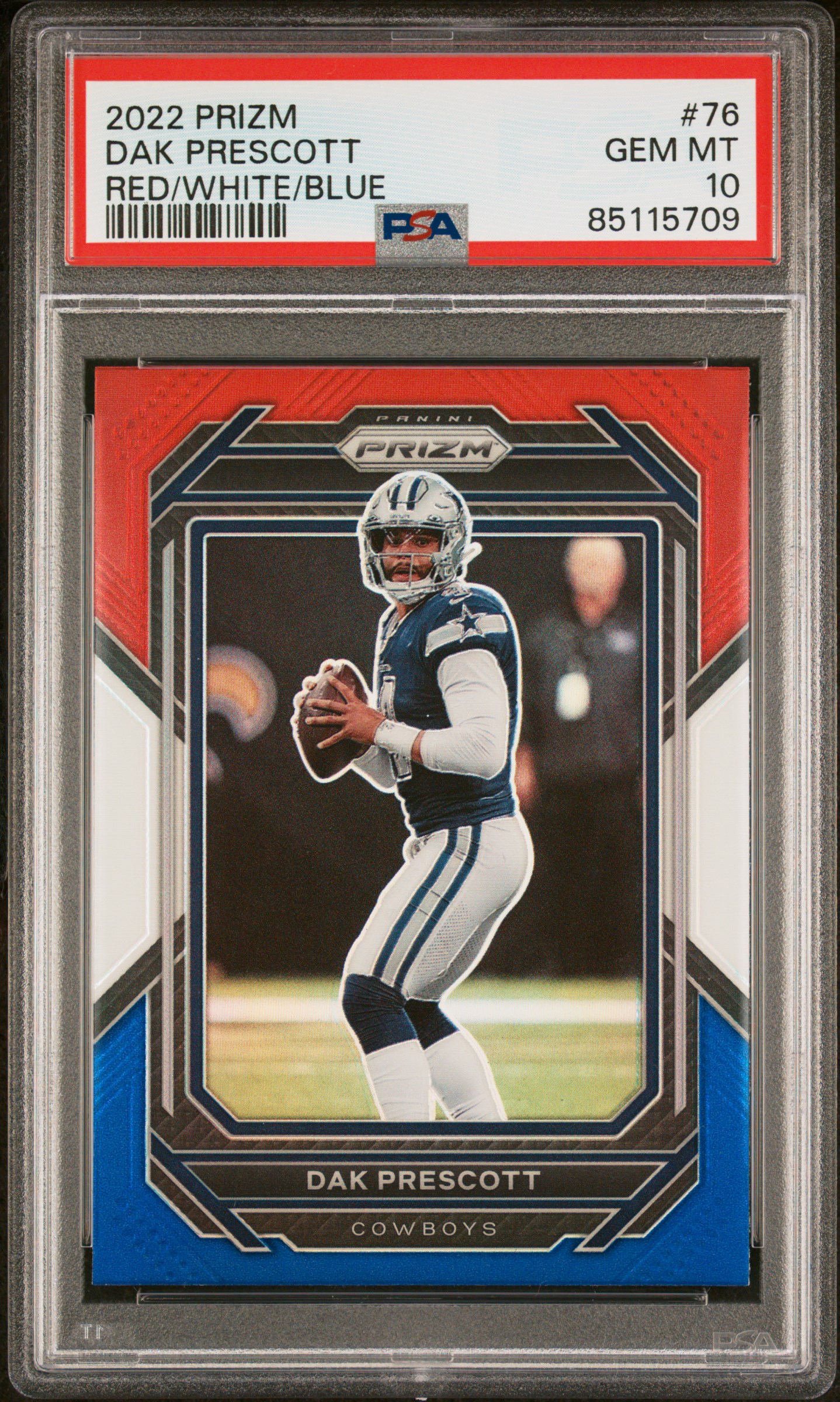 Dak Prescott 2022 Panini Prizm Red White Blue Football Card #76 Graded PSA 10