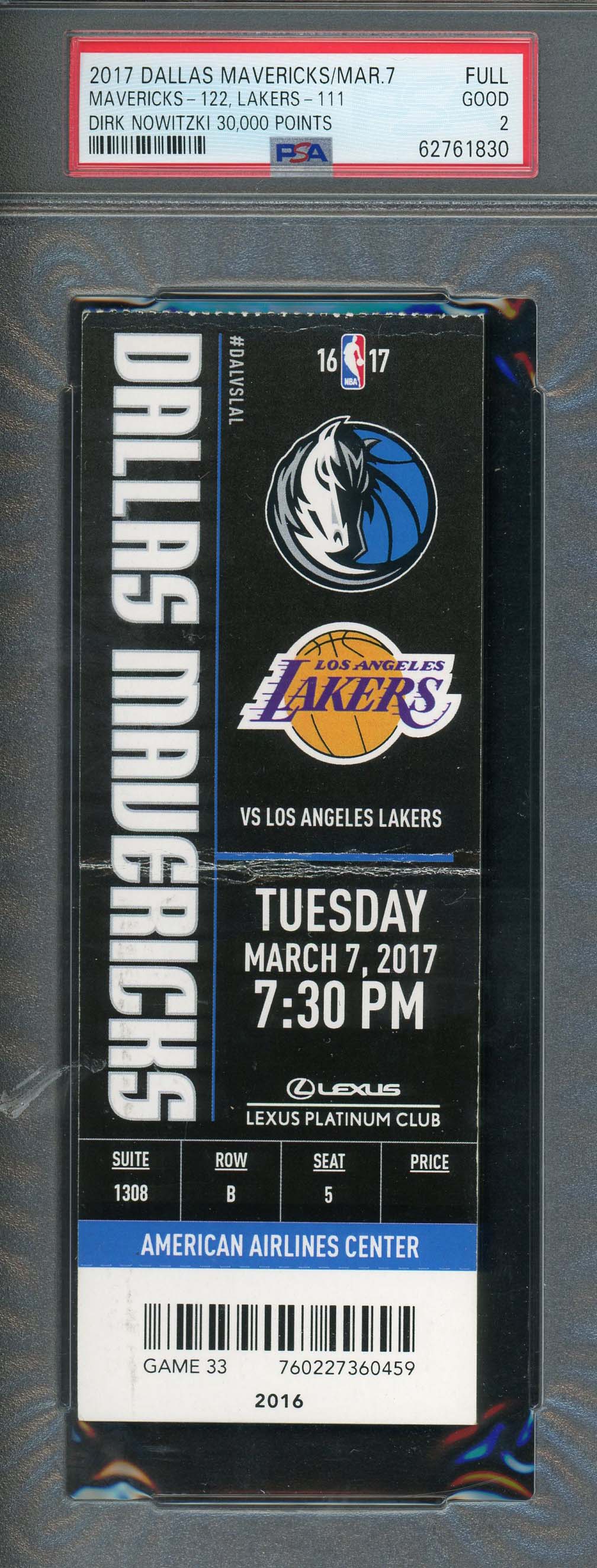 Dirk Nowitzki 30,000 Point Game Full Ticket Dallas vs Los Angeles Graded PSA 2