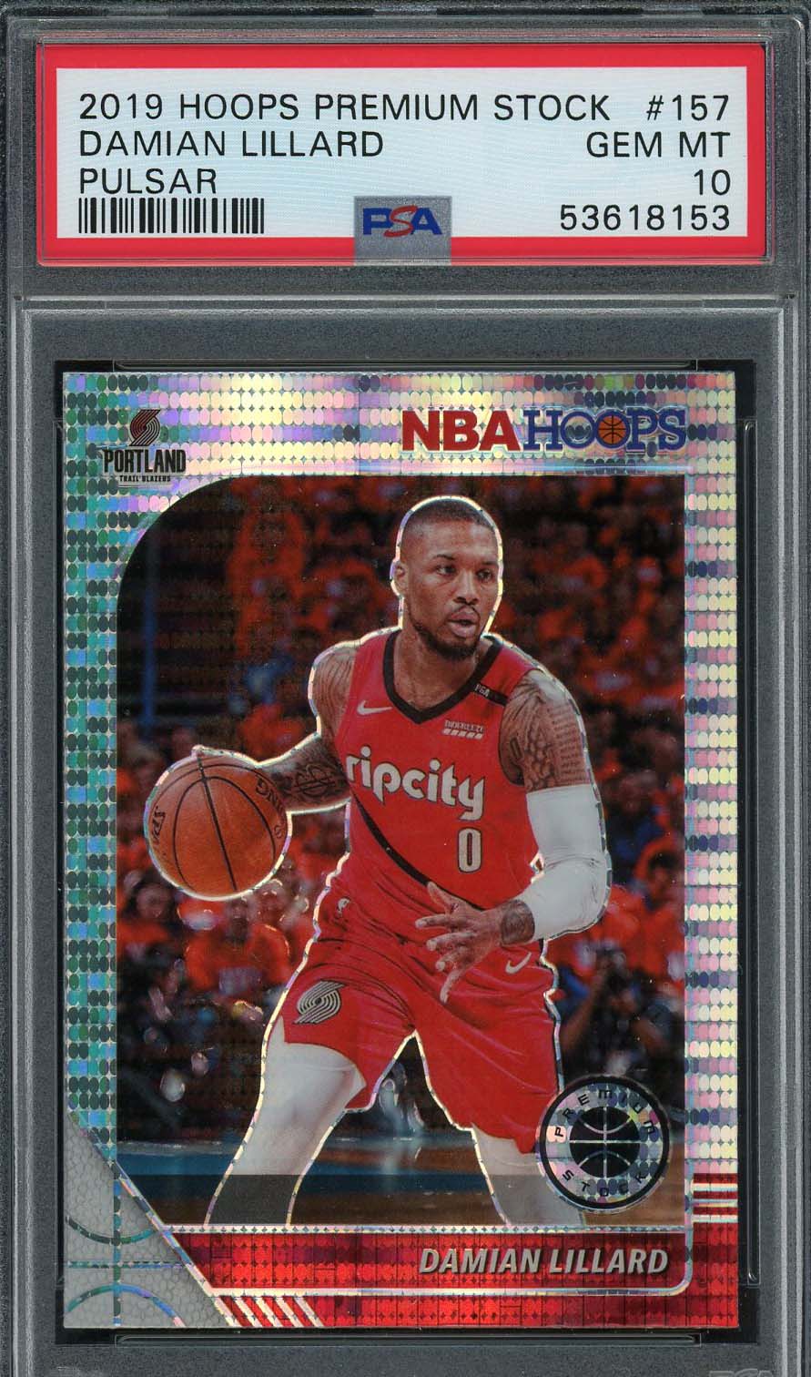 Damian Lillard 2019 Panini Hoops Premium Stock Pulsar Card #157 PSA 10 Damian Lillard 2019 Panini Hoops Premium Stock Pulsar Card #157 PSA 10