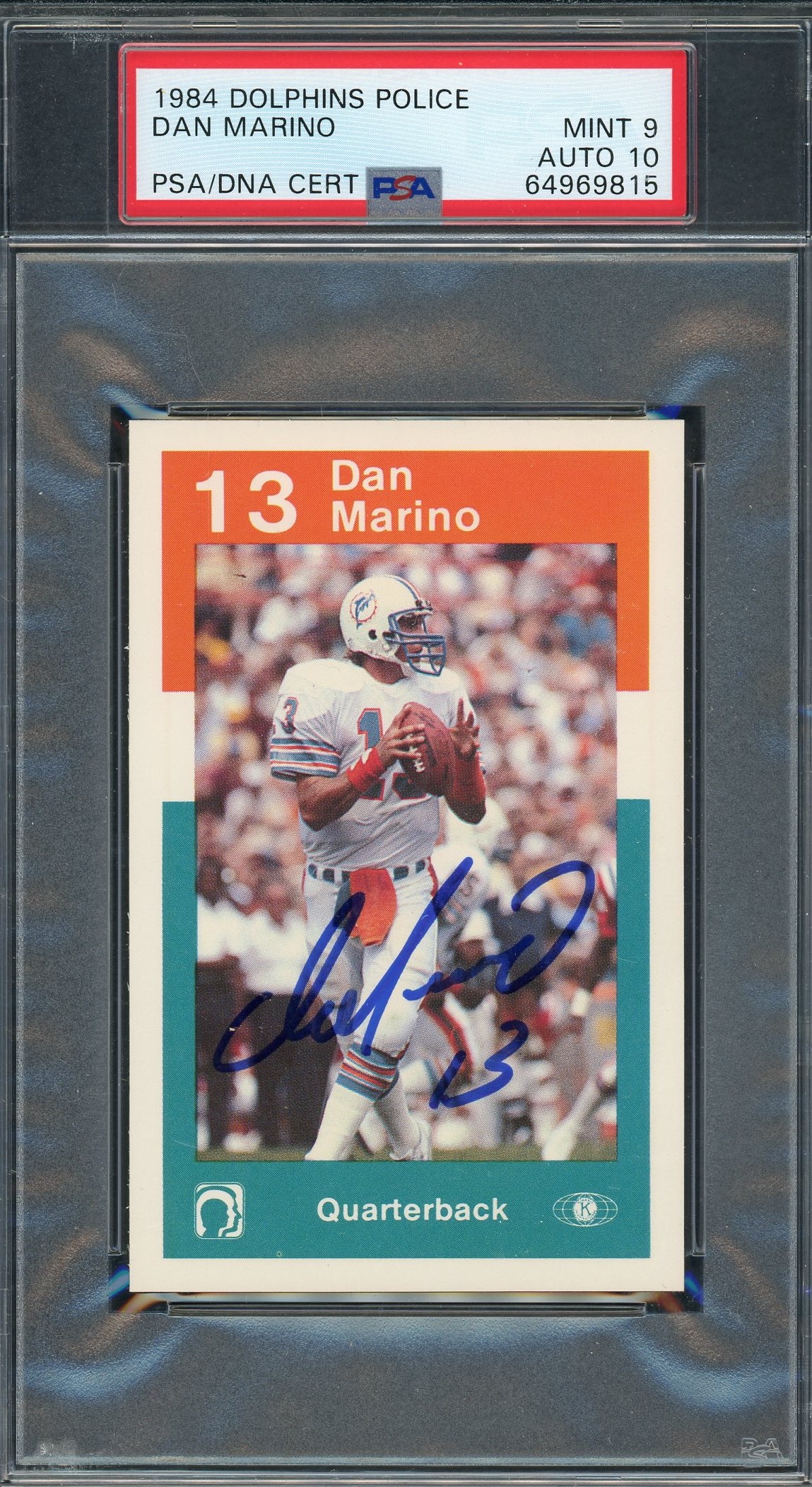 Dan Marino 1984 Dolphins Police Signed Football Rookie Card Auto Graded PSA 10