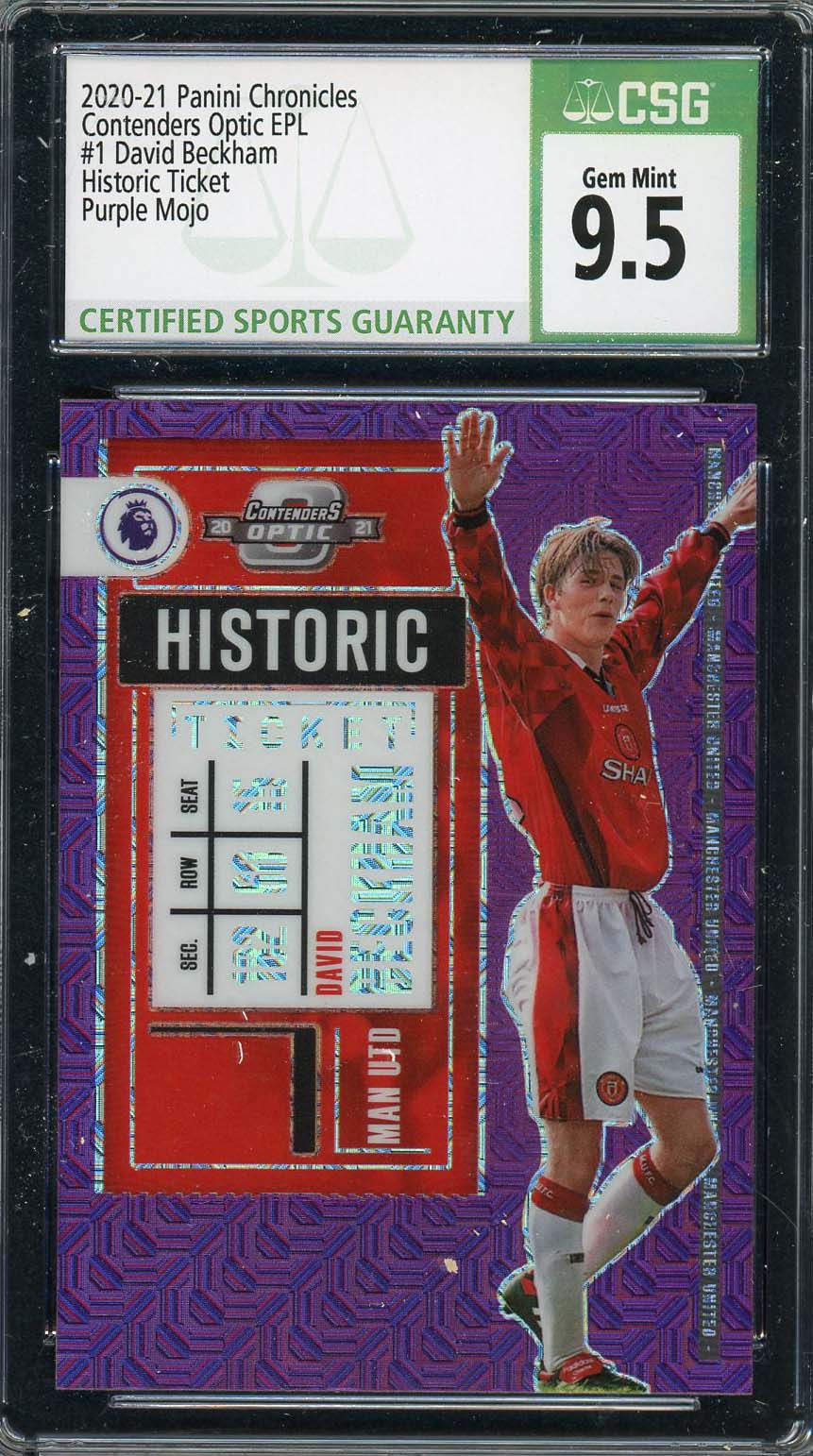 David Beckham 2020 Panini Chronicles Historic Ticket Purple Mojo Card #1 CSG 9.5