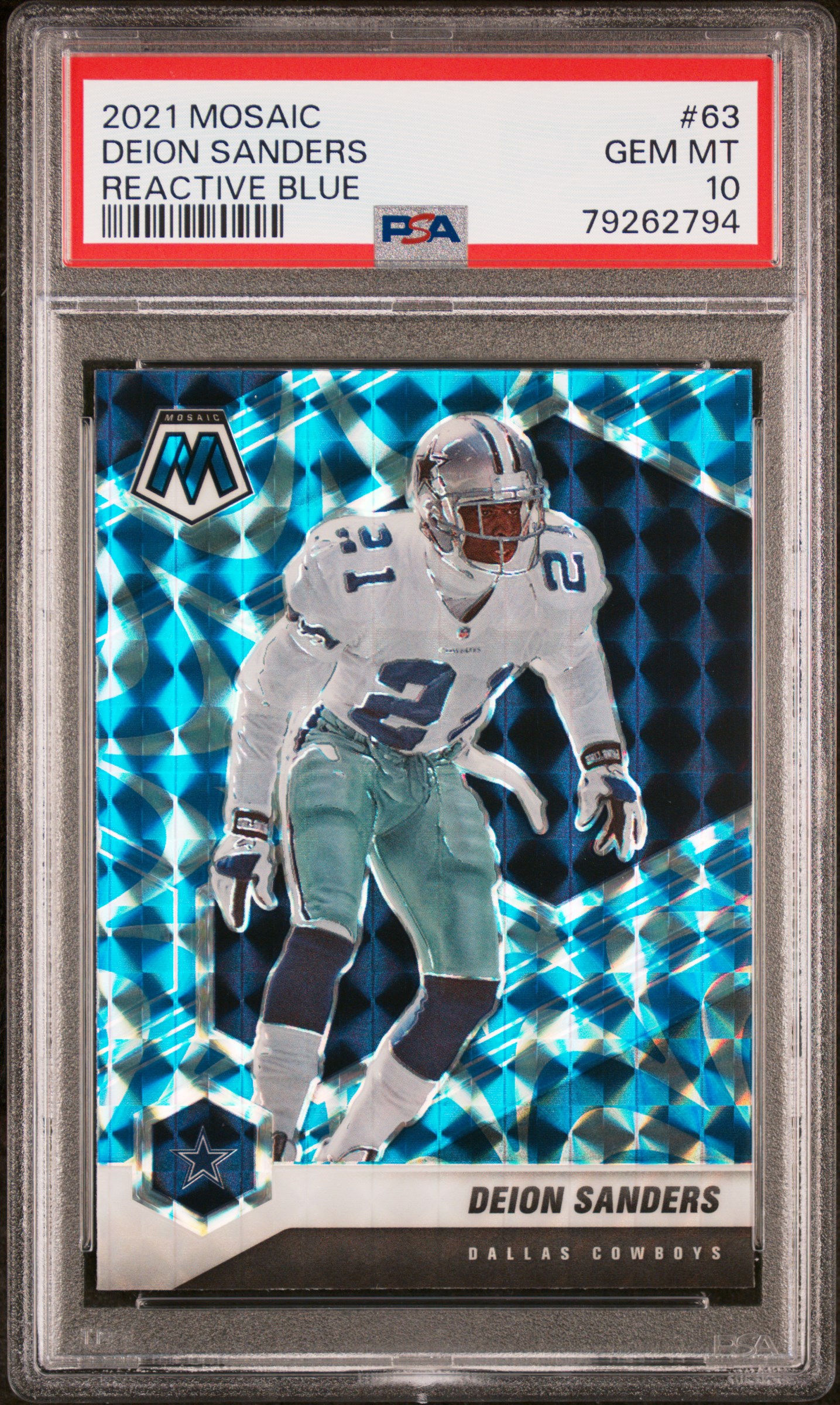 Deion Sanders 2021 Panini Mosaic Reactive Blue Football Card #63 PSA 10