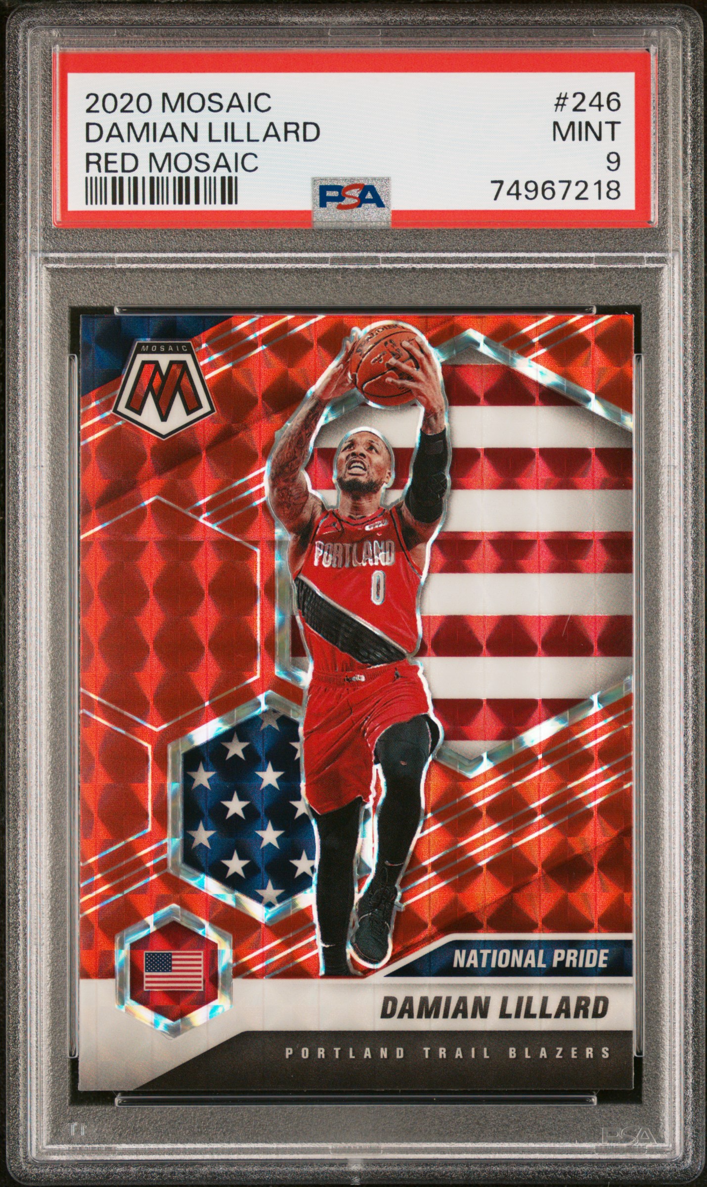 Damian Lillard 2020 Panini Mosaic Red Prizm Basketball Card #246 Graded PSA 9
