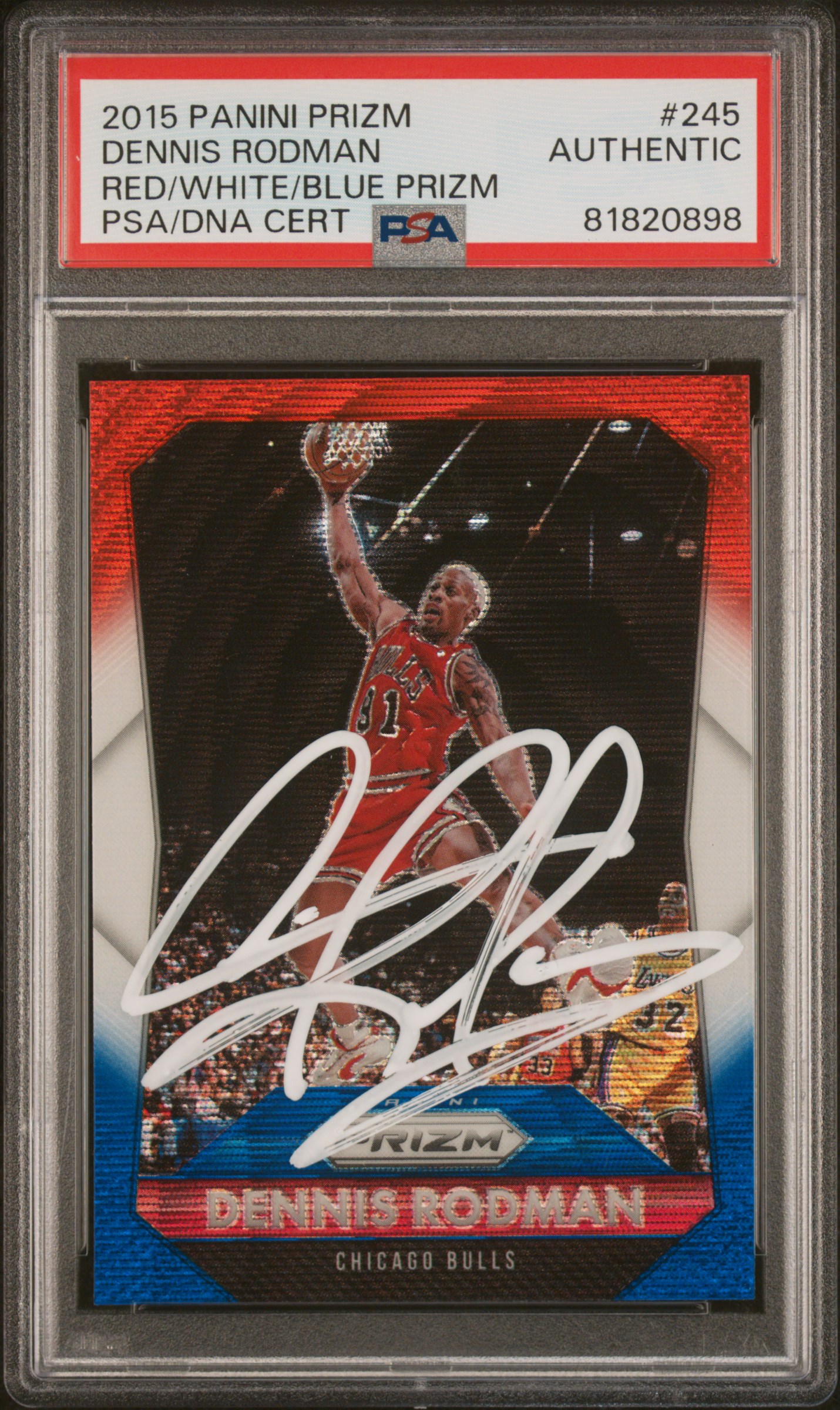 Dennis Rodman 2015 Panini Prizm Red White Blue Signed Card #245 Auto PSA 1820898