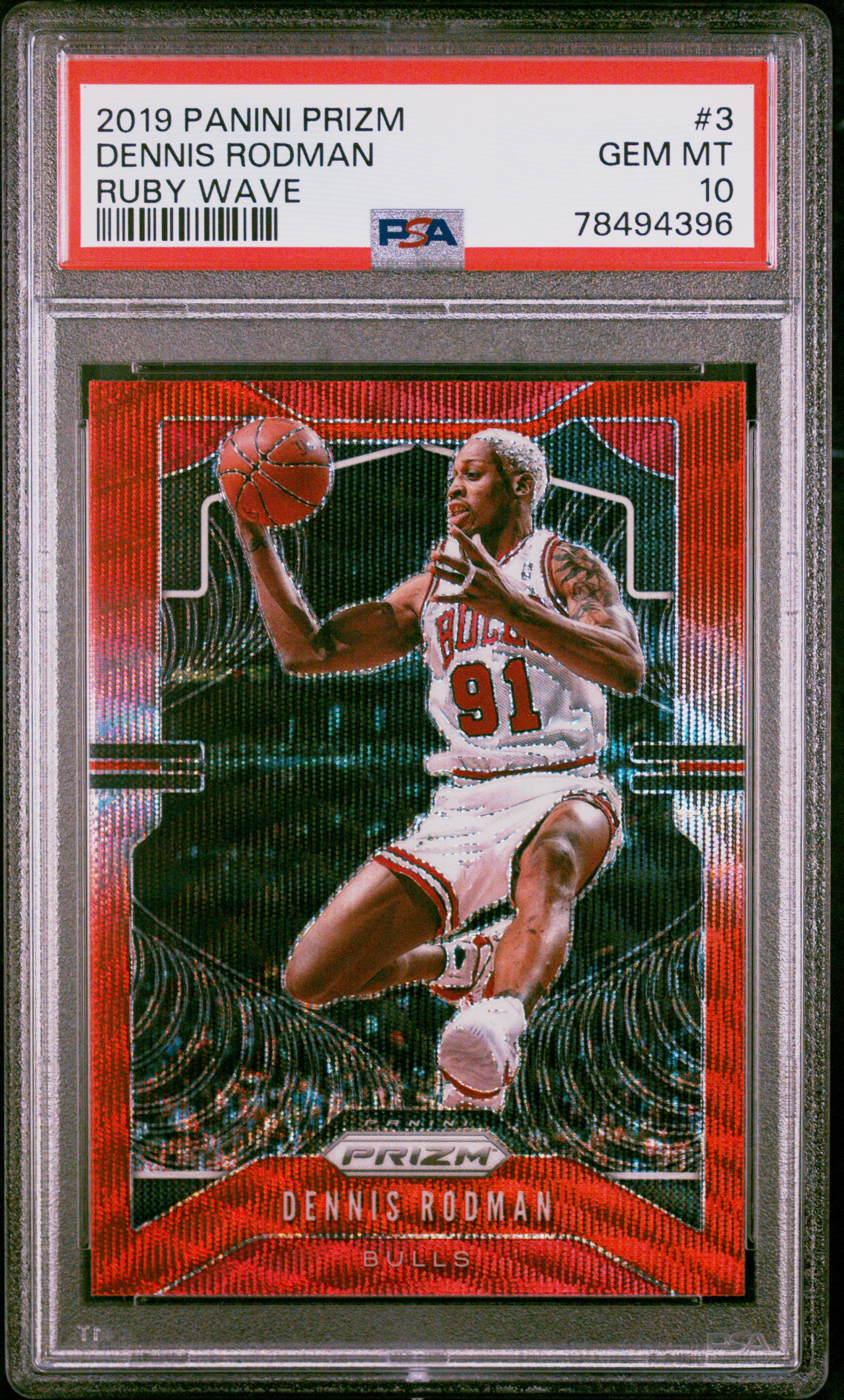 Dennis Rodman 2019 Panini Prizm Ruby Wave Red Basketball Card #3 Graded PSA 10