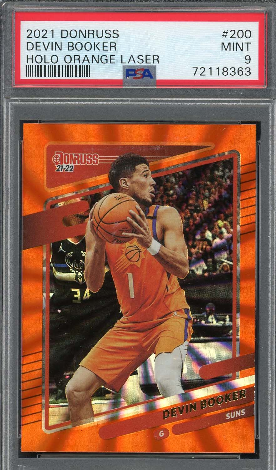 Devin Booker 2021 Panini Donruss Holo Orange Laser Card #200 Graded PSA 9