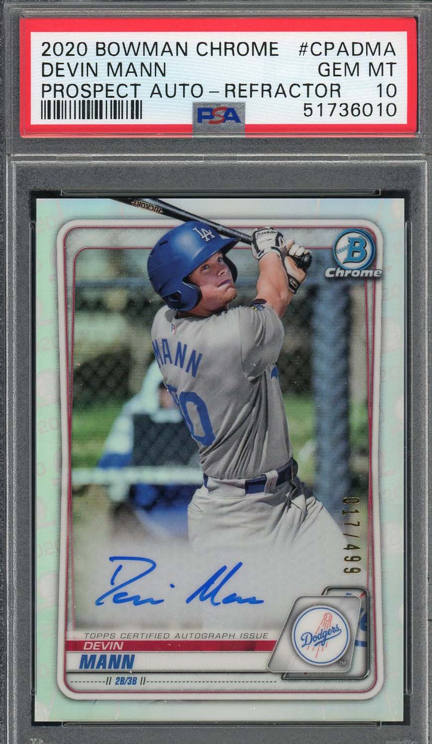 Devin Mann 2020 Bowman Chrome Autograph Refractor Rookie Card PSA 10 /499 Devin Mann 2020 Bowman Chrome Autograph Refractor Rookie Card PSA 10 /499
