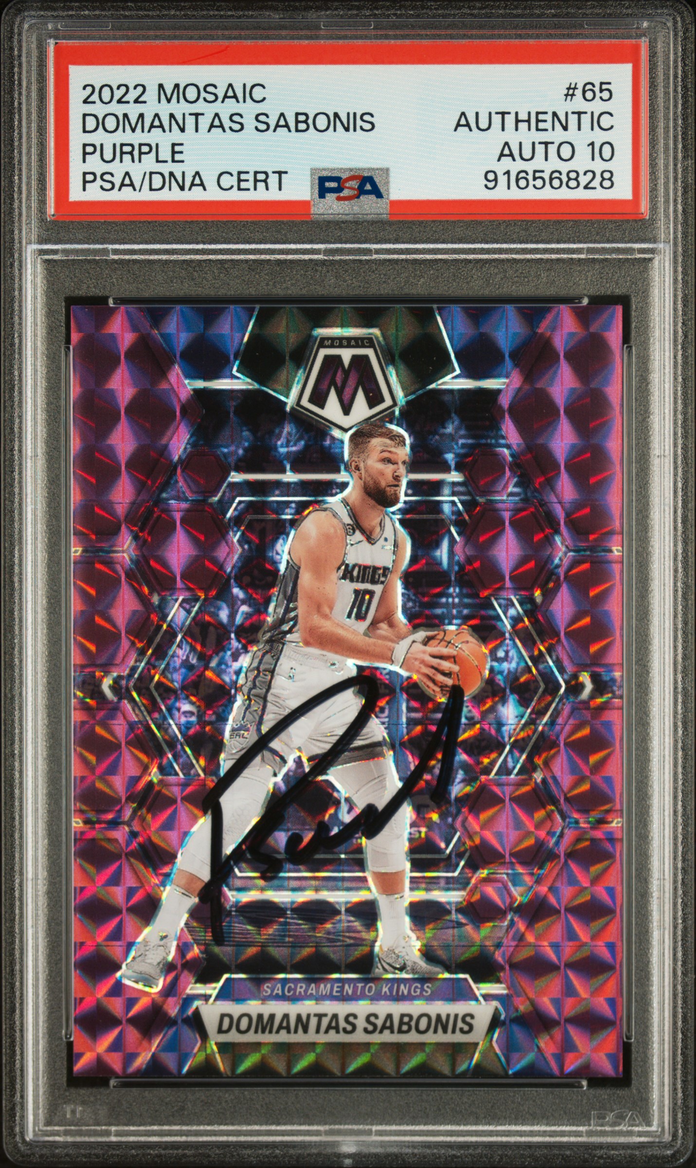 Domantas Sabonis 2022 Panini Mosaic Purple Signed Card #65 Auto Graded PSA 10