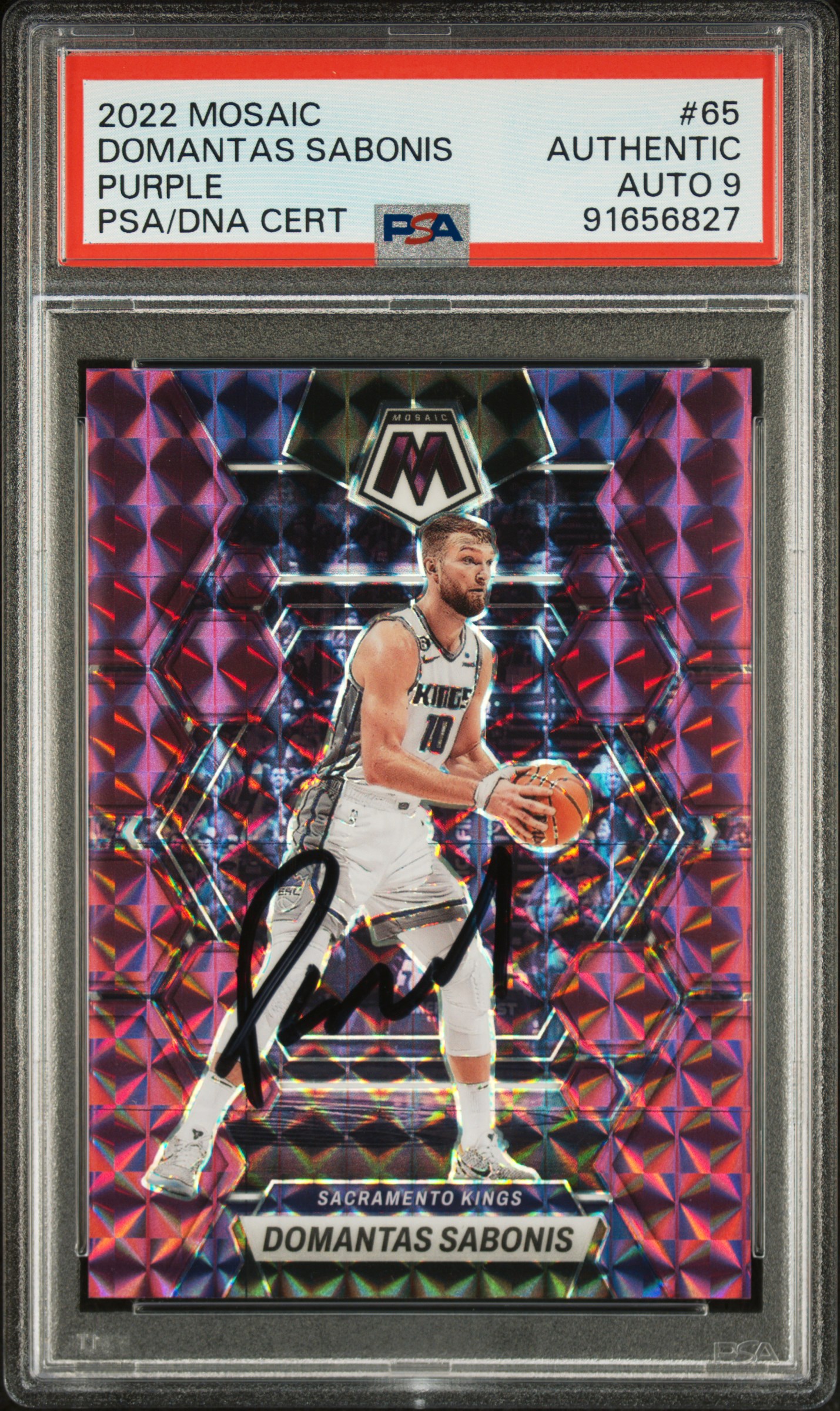Domantas Sabonis 2022 Panini Mosaic Purple Signed Card #65 Auto Graded PSA 9