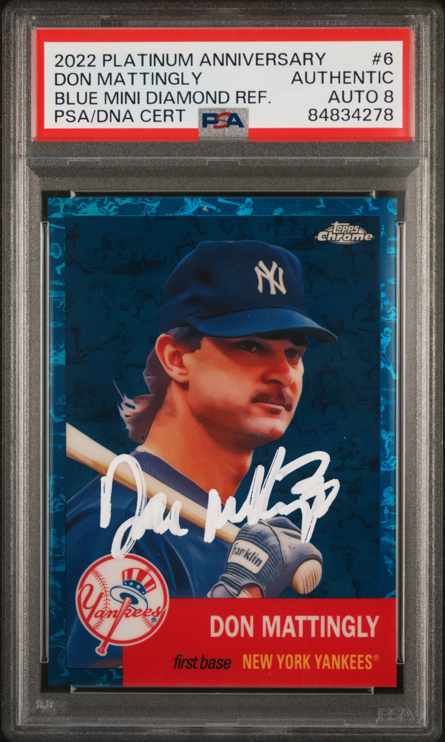 Don Mattingly 2022 Topps Chrome Blue Refractor Signed Card #6 Auto PSA 8 123/199
