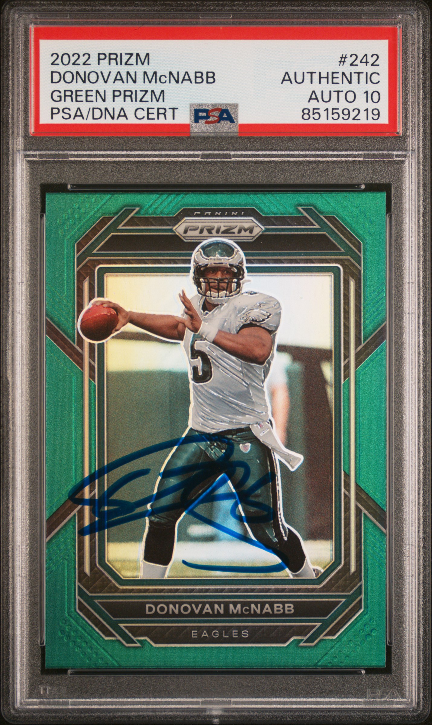 Donovan McNabb 2022 Panini Green Prizm Signed Card #242 Auto Graded PSA 10 59219