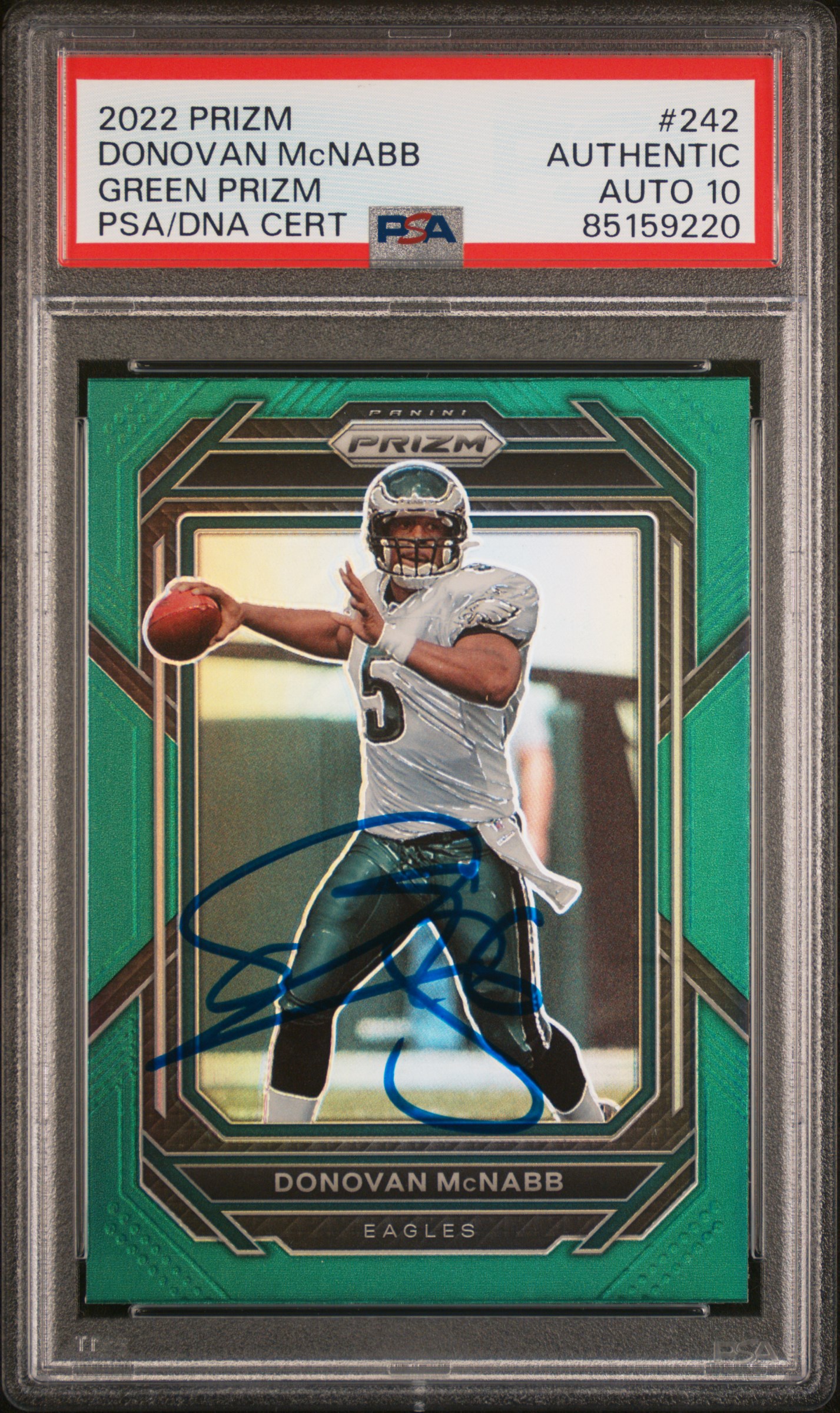 Donovan McNabb 2022 Panini Green Prizm Signed Card #242 Auto Graded PSA 10 59220