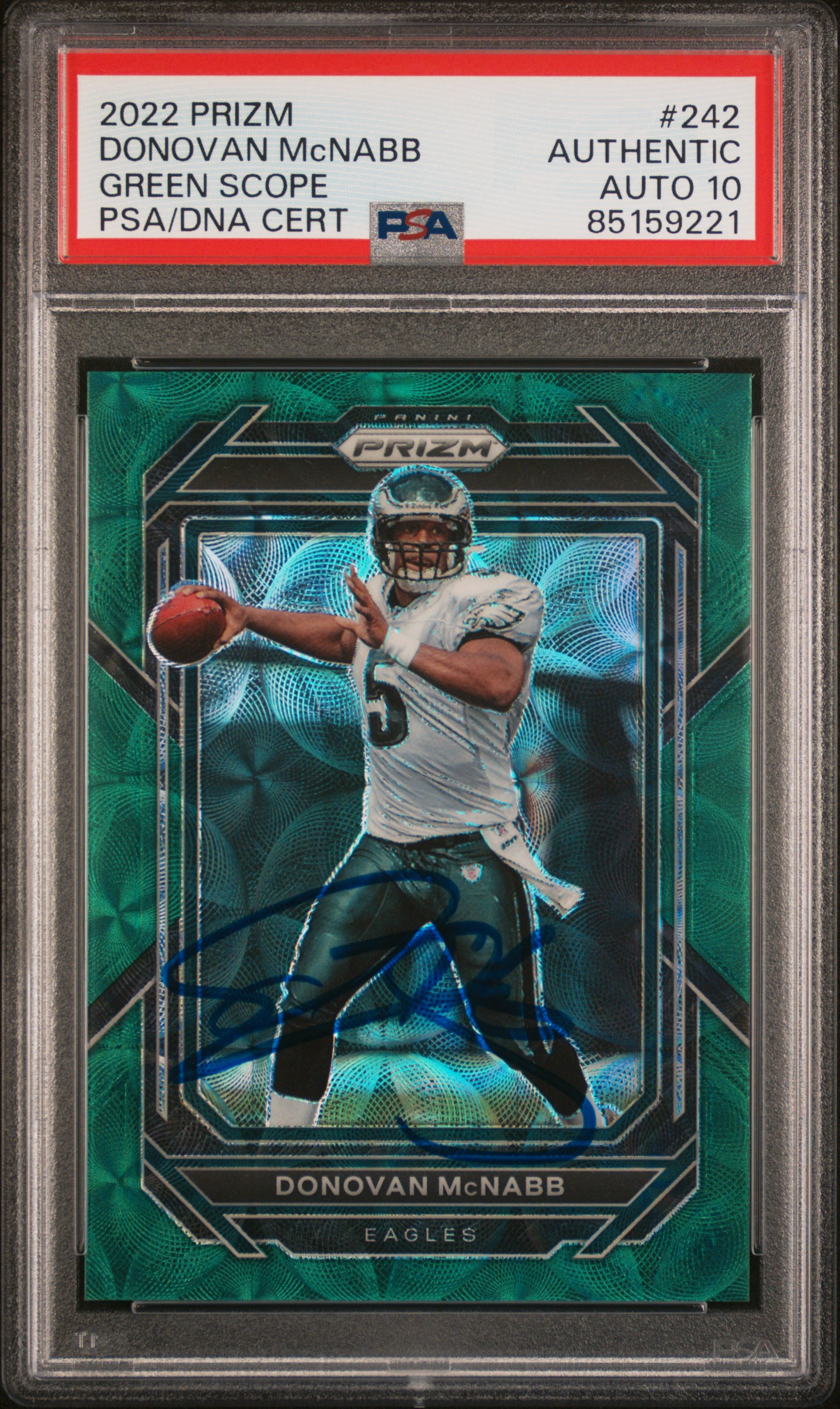 Donovan McNabb 2022 Panini Prizm Green Scope Card #242 Auto Graded PSA 10 2/75