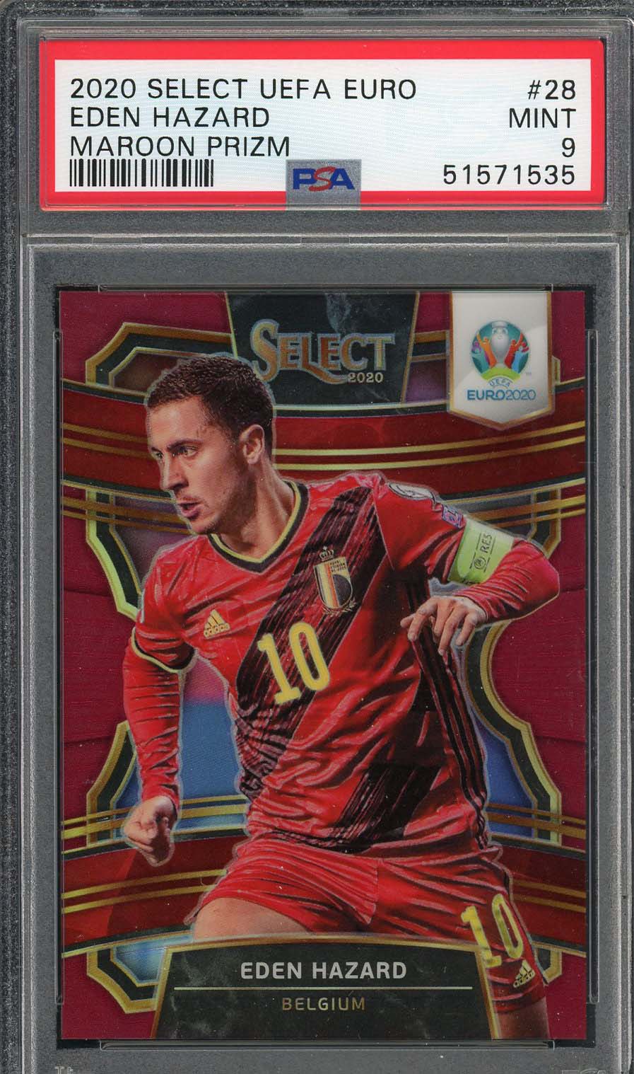Eden Hazard 2020 Select UEFA Euro Maroon Prizm Card #28 PSA 9 /165 Eden Hazard 2020 Select UEFA Euro Maroon Prizm Card #28 PSA 9 /165