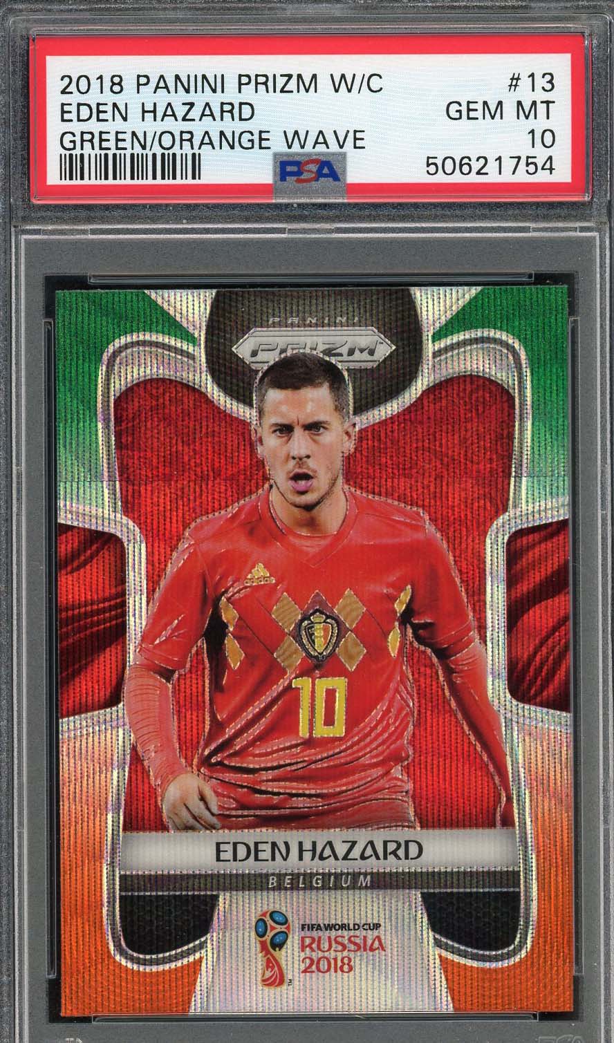 Eden Hazard 2018 Panini Prizm World Cup Green Orange Wave Card #13 PSA 10
