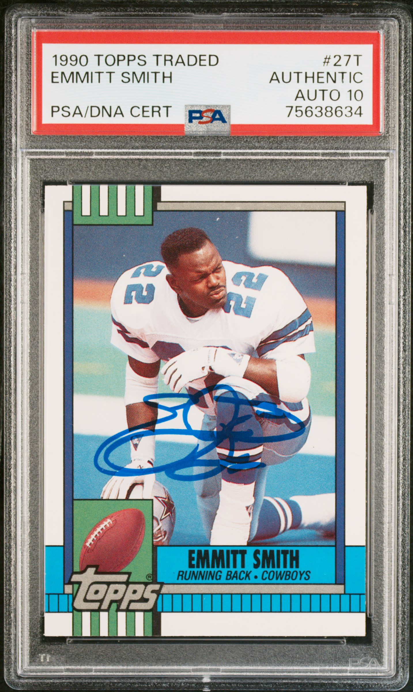 Emmitt Smith 1990 Topps Traded Signed Rookie Card #27T Auto PSA 10 756378634