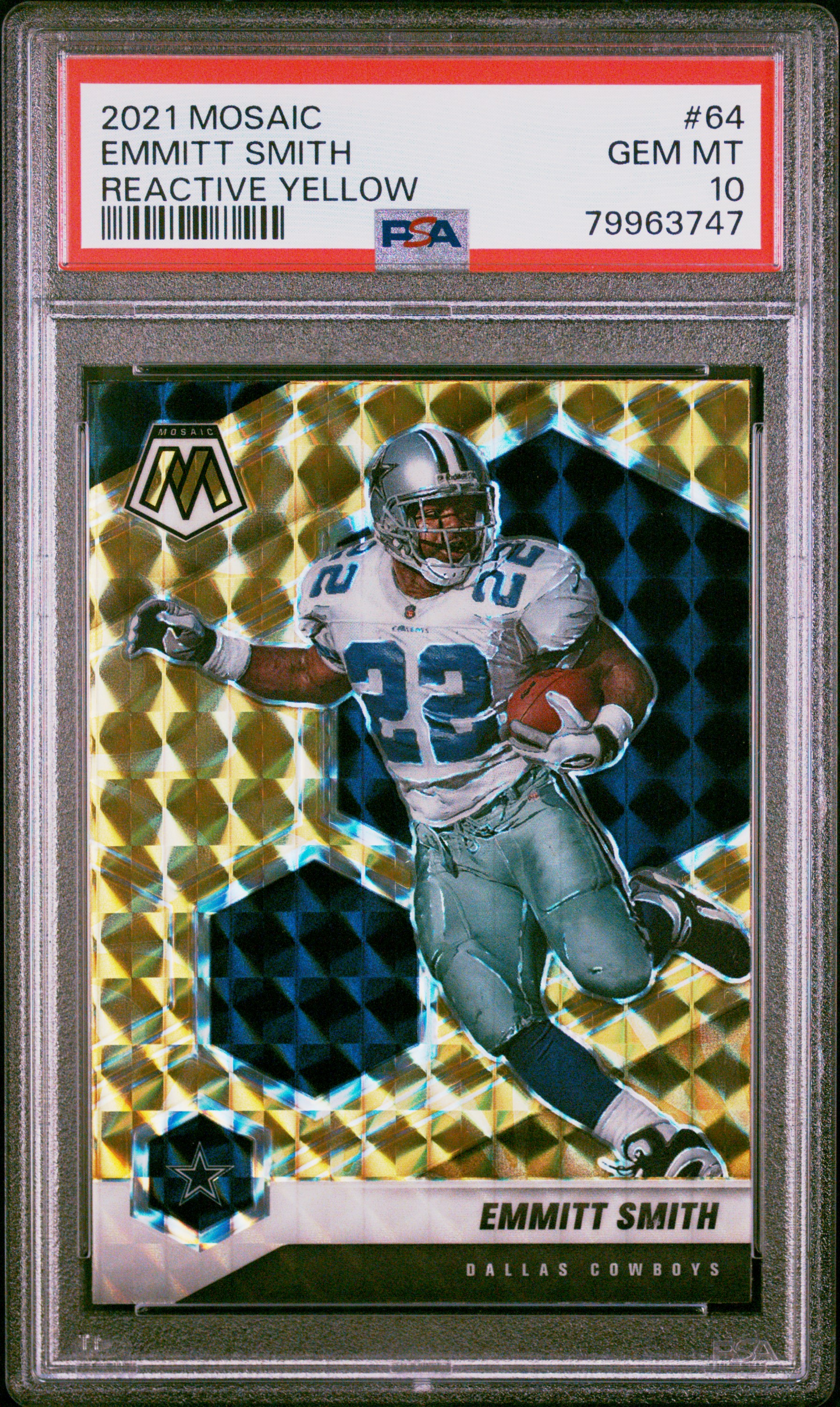 Emmitt Smith 2021 Panini Mosaic Reactive Yellow Football Card #64 Graded PSA 10