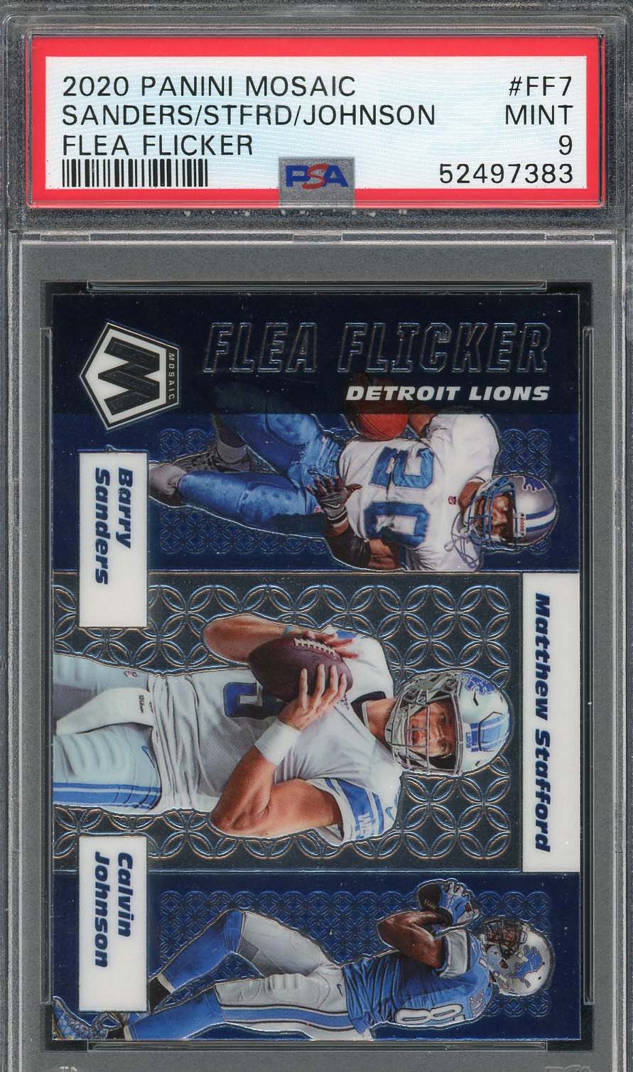 Barry Sanders Sanders Matthew Stafford Calvin Johnson 2020 Panini Mosaic Flea Flicker Card #FF7 PSA 9
