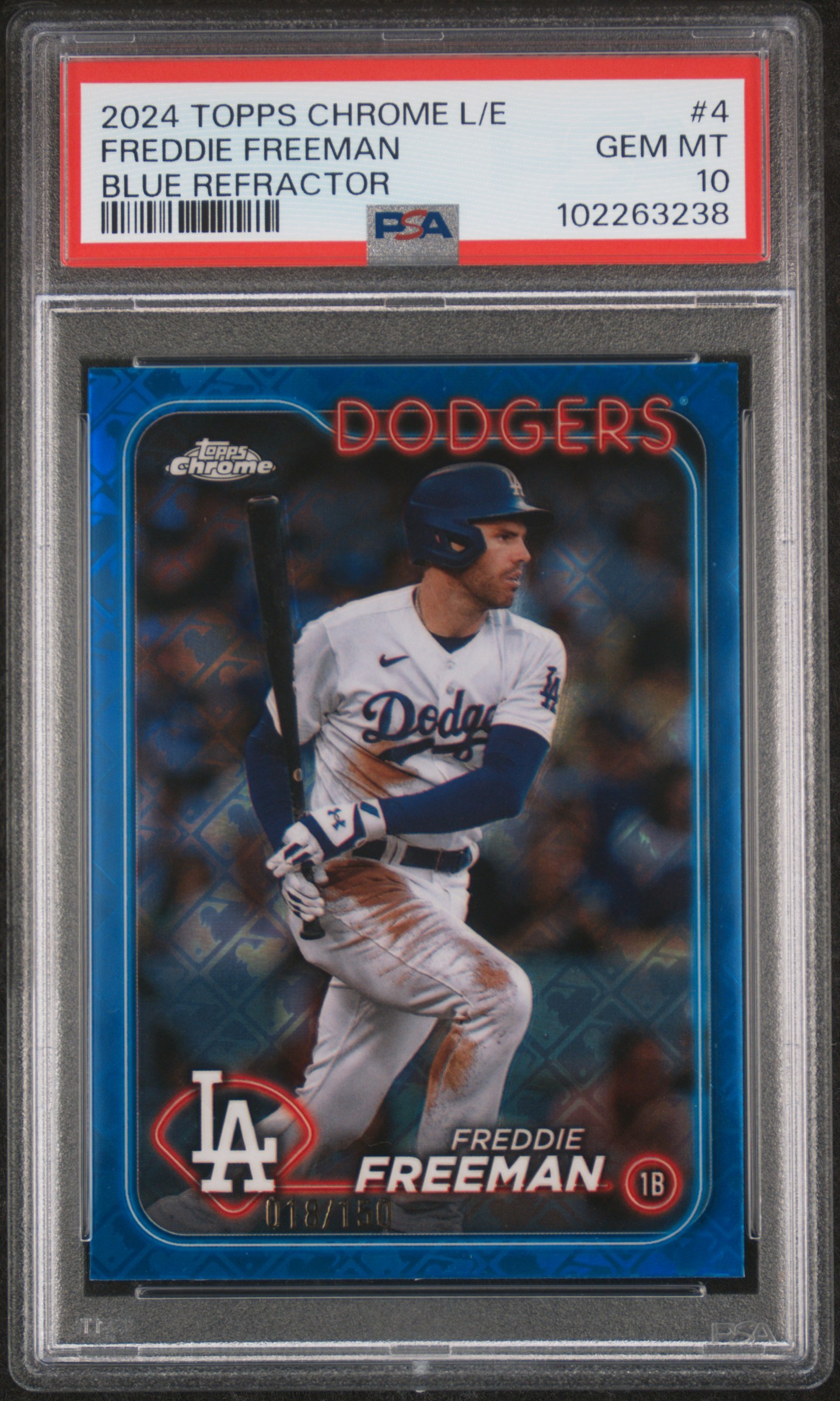 Freddie Freeman 2024 Topps Chrome Blue Refractor Card #4 Graded PSA 10 18/150