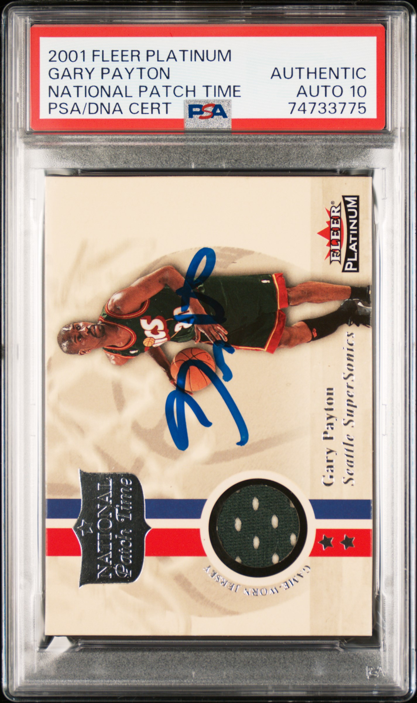 Gary Payton 2001 Fleer Platinum National Game Used Patch Signed Card Auto PSA 10