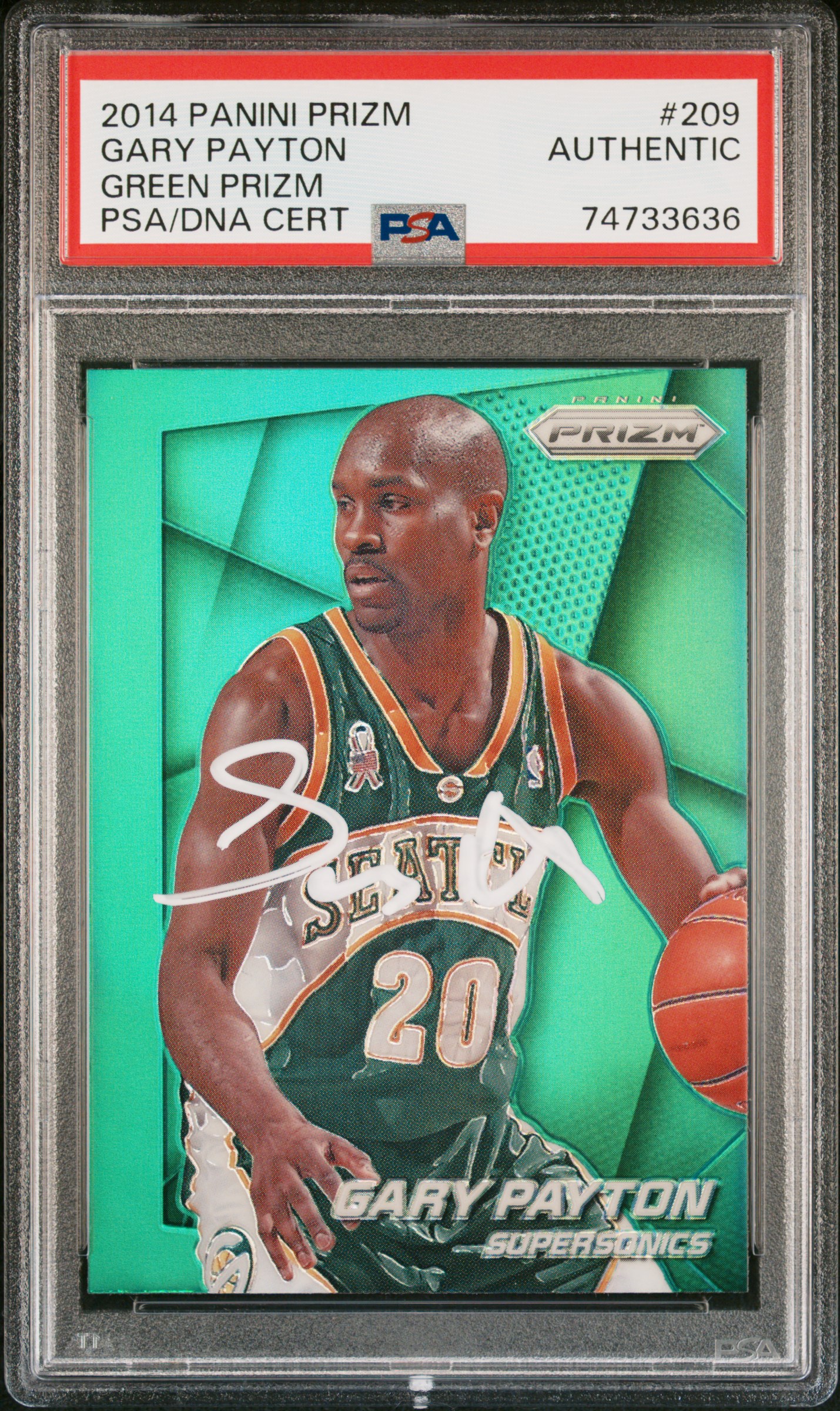 Gary Payton 2014 Panini Green Prizm Signed Basketball Card #209 Auto PSA