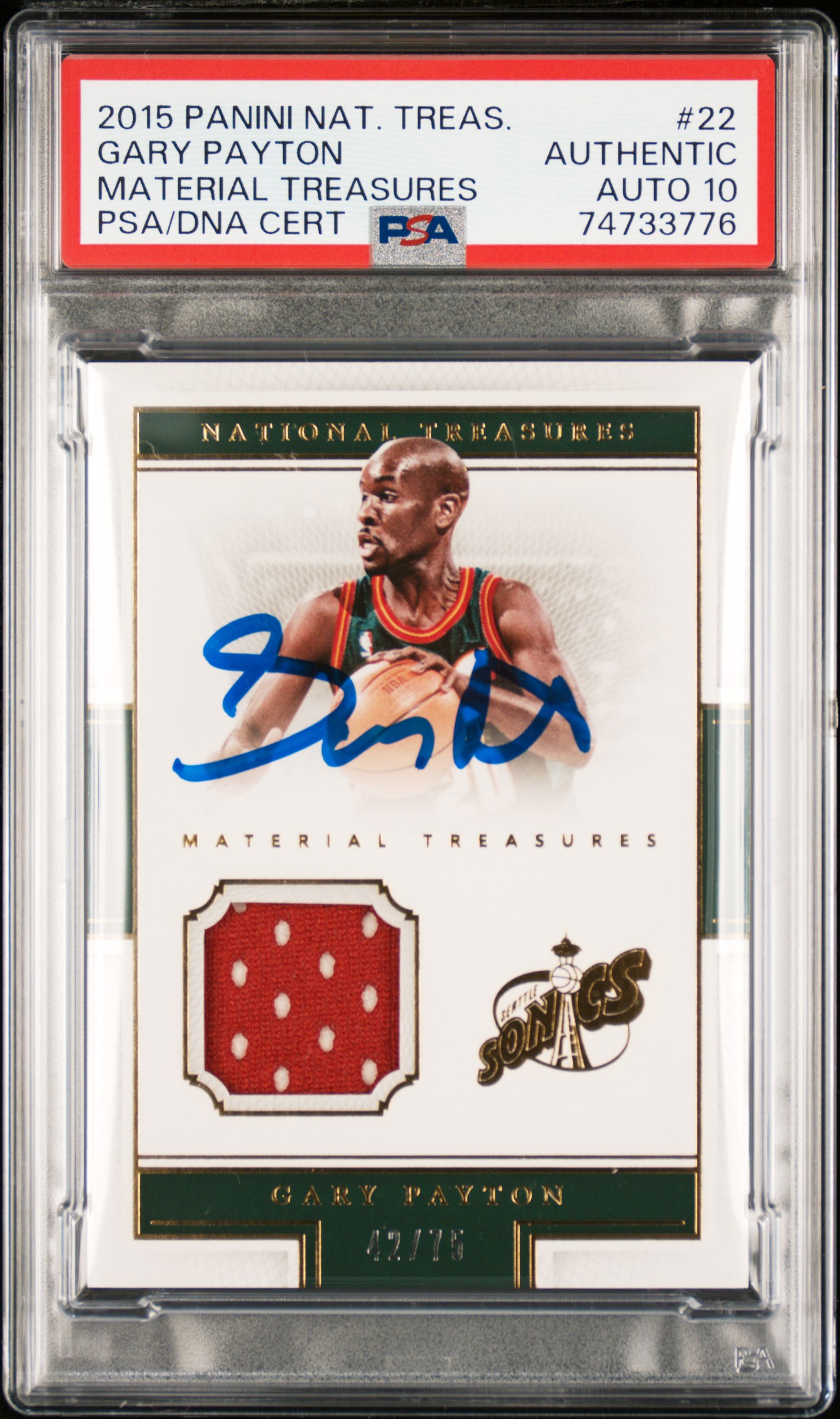 Gary Payton 2015 Panini National Treasures Game Used Signed Card #22 Auto PSA 10