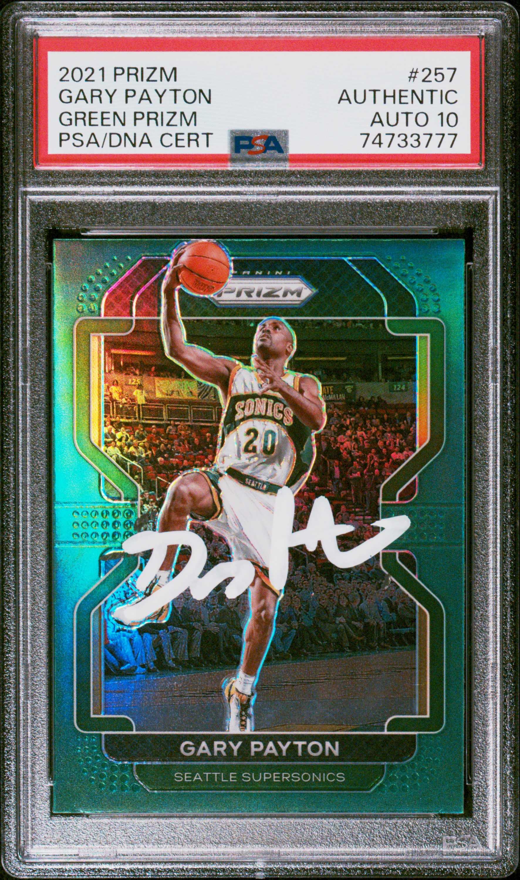 Gary Payton 2021 Panini Green Prizm Signed Card #257 Auto Graded PSA 10