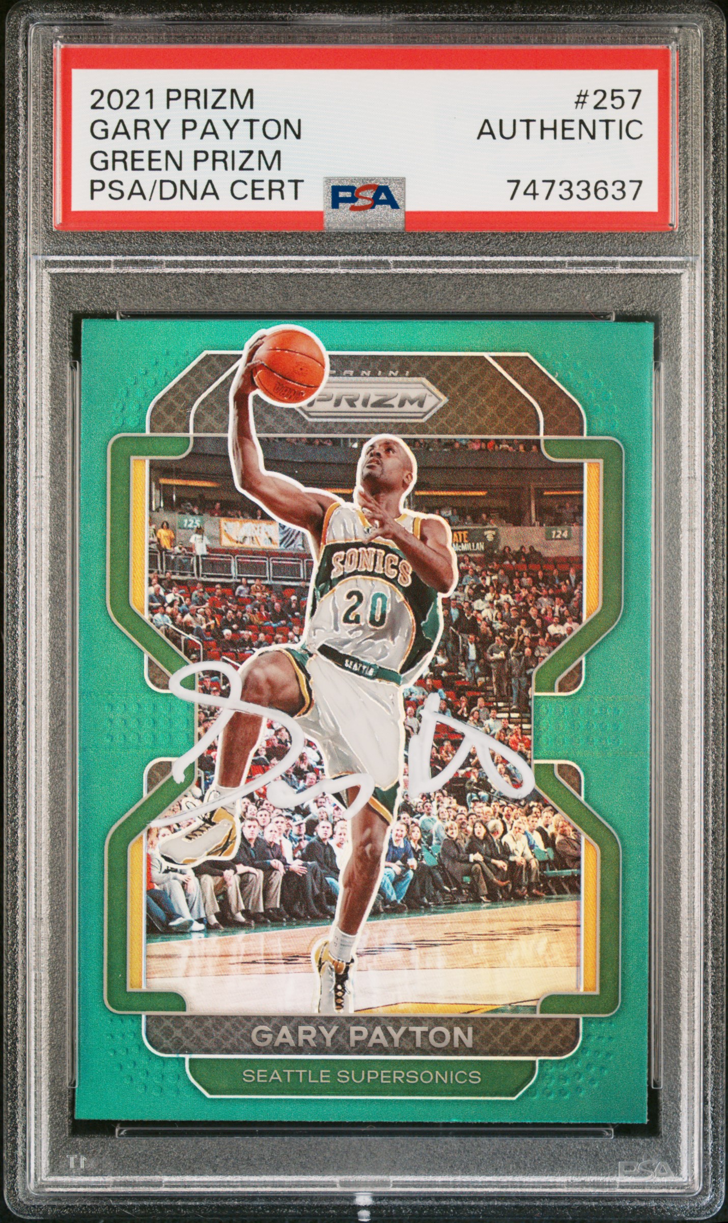 Gary Payton 2021 Panini Green Prizm Signed Basketball Card #257 Auto PSA