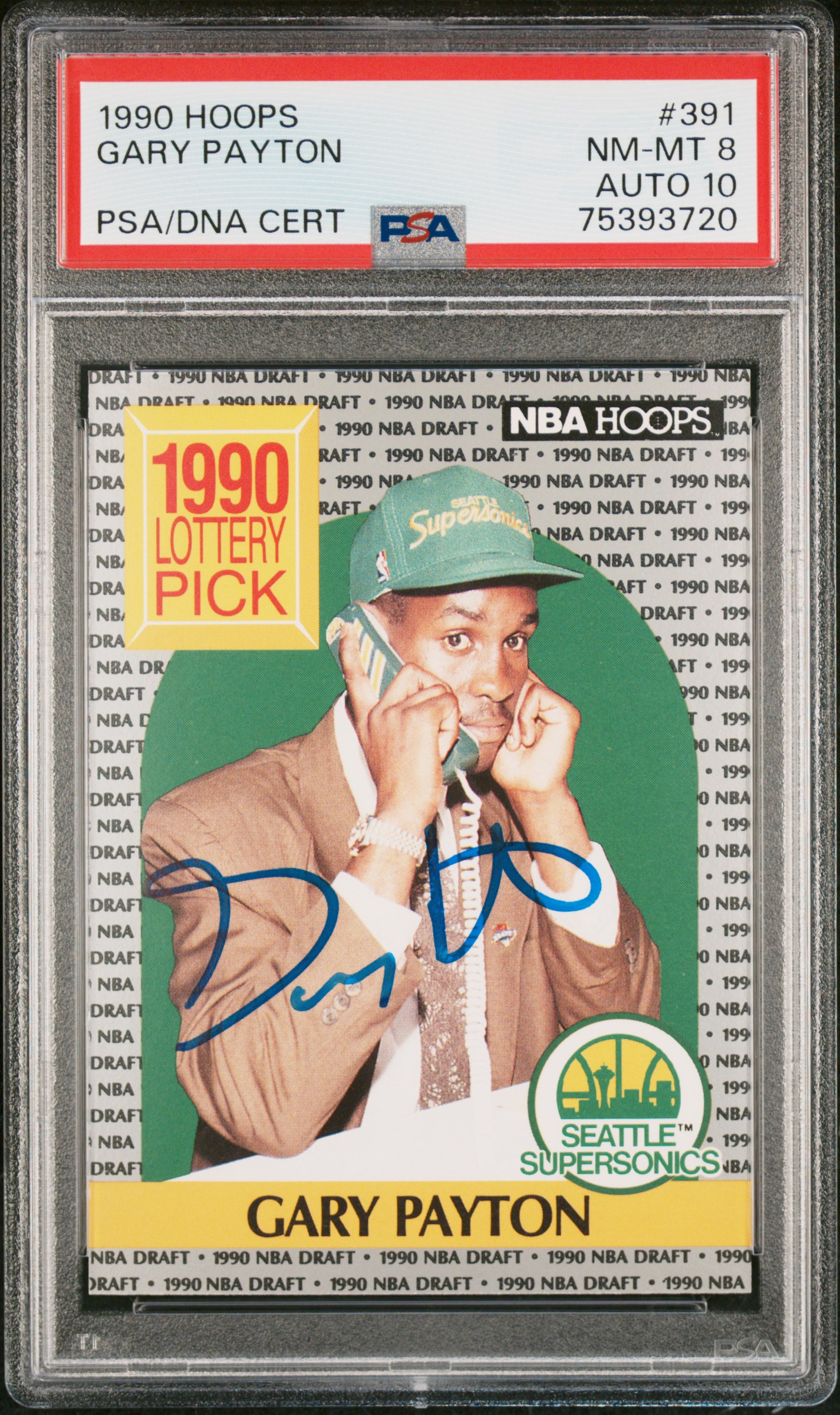 Gary Payton 1990 Hoops Signed Rookie Card #391 NM MT 8 Auto Graded PSA 10