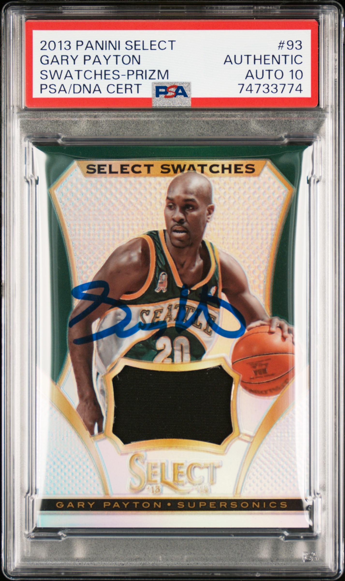 Gary Payton 2013 Panini Select Game Used Swatches Signed Card #93 Auto PSA 10