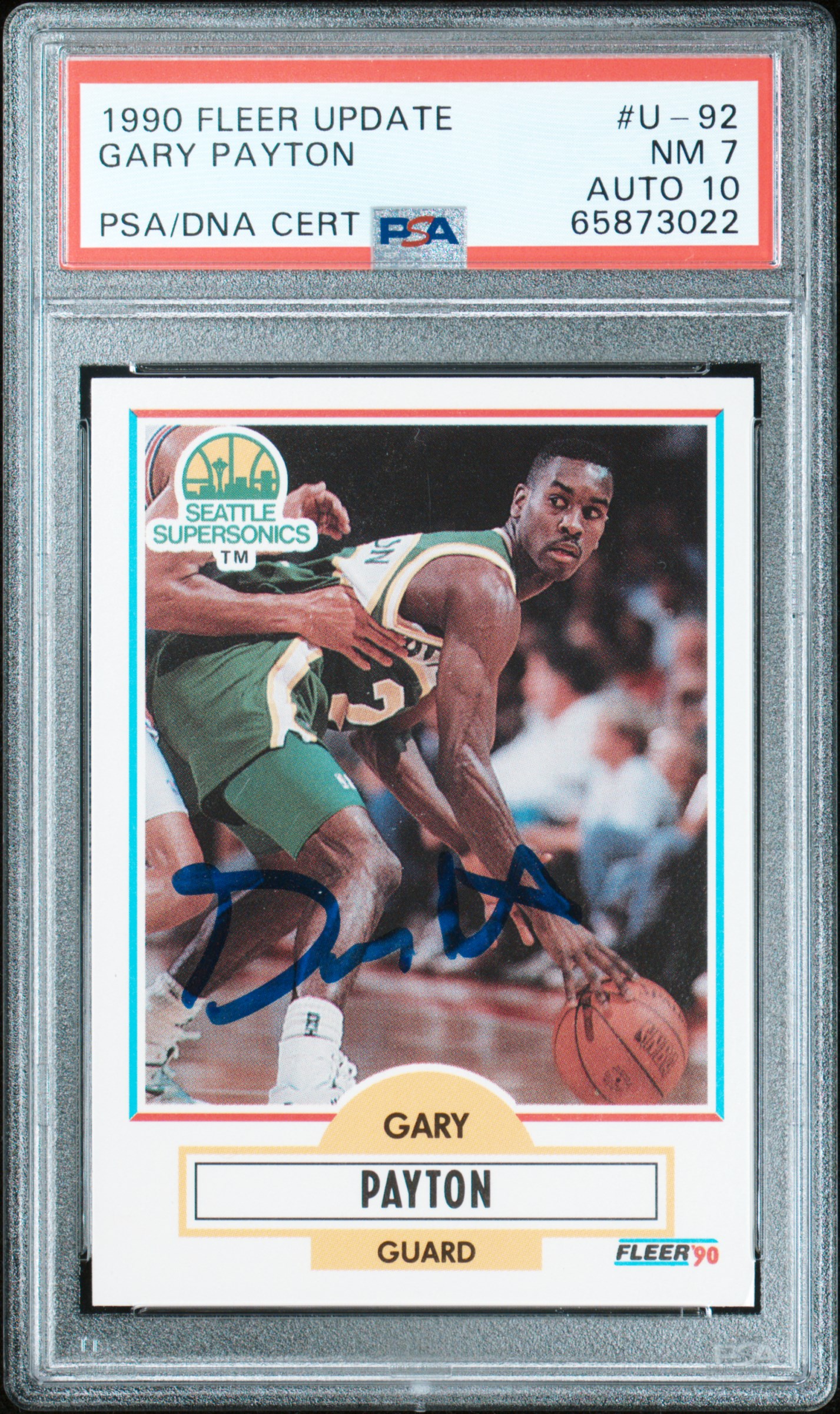 Gary Payton 1990 Fleer Update Signed Rookie Card #U-92 NM 7 Auto PSA 10