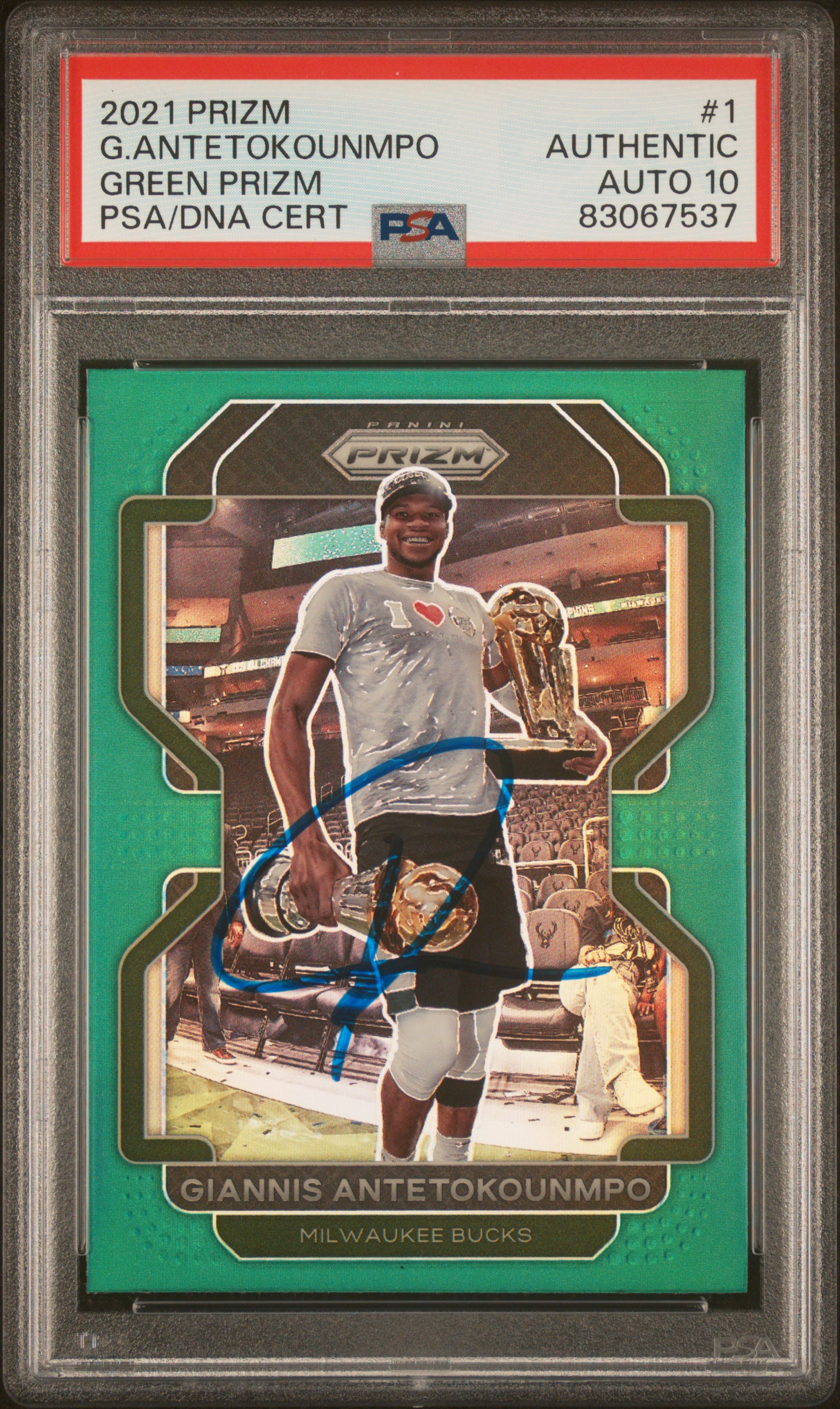 Giannis Antetokounmpo 2021 Panini Green Prizm Signed Card #1 Auto PSA 10 3067537